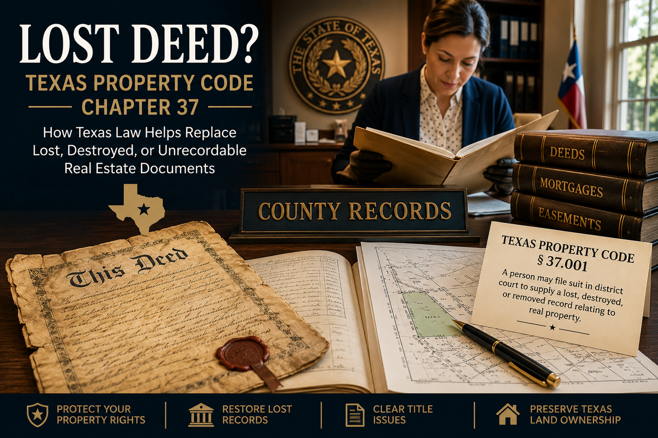 A Texas real estate attorney reviews historic property records at a courthouse office while an antique deed, county record books, legal documents, and survey maps are displayed on a wooden desk. The image symbolizes Texas Property Code Chapter 37 and the legal process for restoring lost, destroyed, or unrecordable real estate documents to protect property ownership and maintain a clear chain of title.