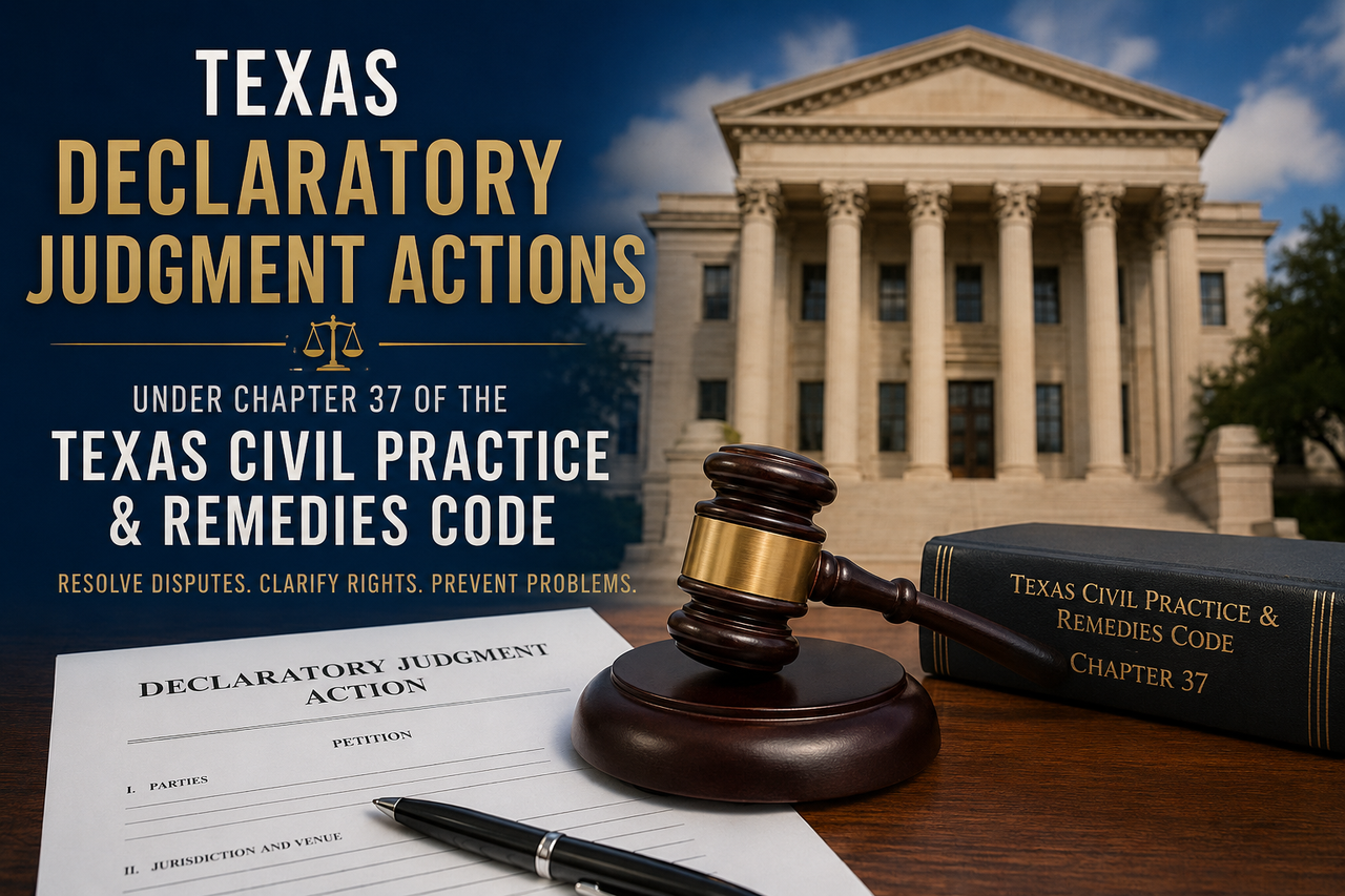 Professional legal illustration depicting a Texas courthouse, a judge's gavel, a legal petition, and the Texas Civil Practice and Remedies Code Chapter 37. The image represents declaratory judgment actions in Texas, where courts determine the legal rights and obligations of parties before damages occur or a contract is breached. Ideal for articles about Texas civil litigation, contract disputes, property rights, and declaratory relief.