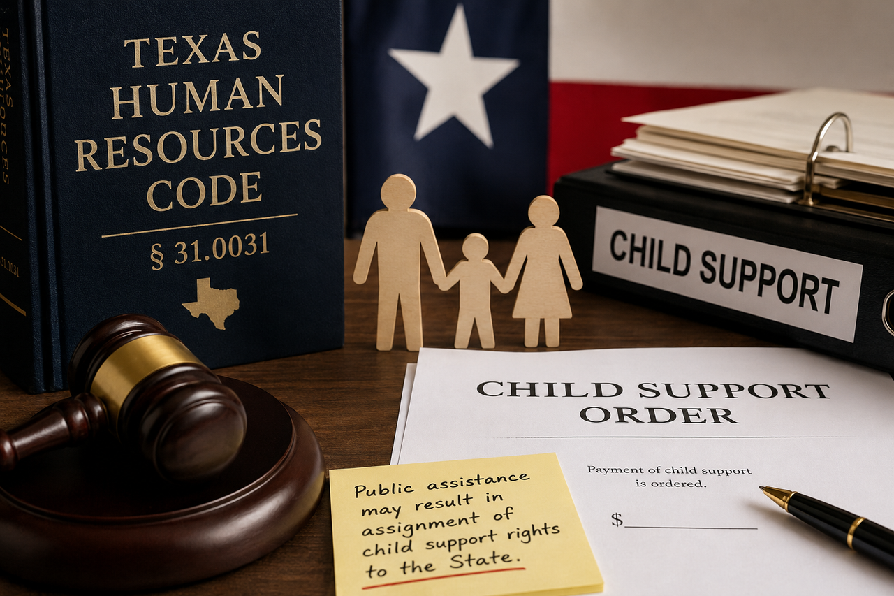A Texas family law attorney reviewing child support documents alongside the Texas Human Resources Code, illustrating how receipt of public assistance can result in an assignment of child support rights to the State of Texas.