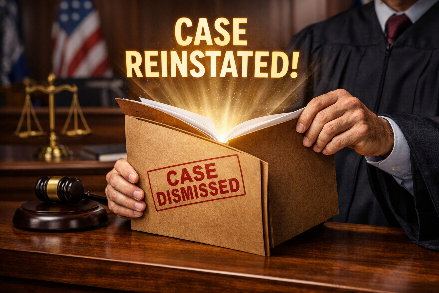 A courtroom scene showing a closed case file being reopened by a judge, symbolizing reinstatement after dismissal for want of prosecution in Texas civil litigation.
