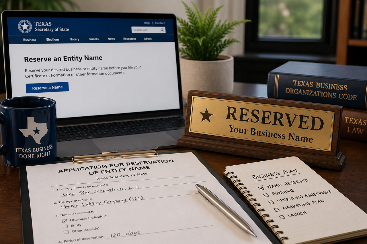 Texas business owner reserving an LLC name before filing a certificate of formation, with Texas Business Organizations Code materials, business planning documents, and a computer displaying the Texas Secretary of State's entity name reservation page.