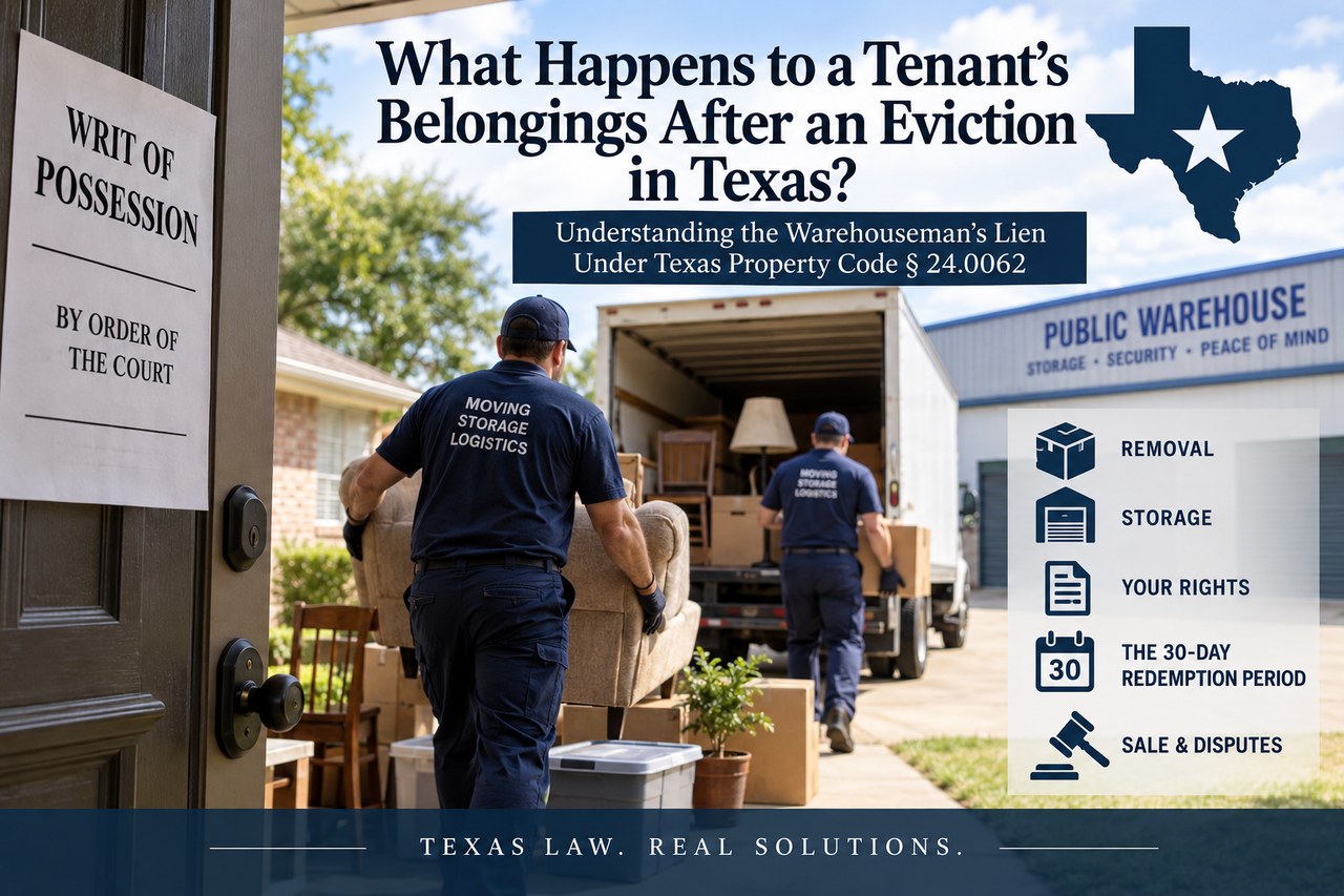 Tenant belongings removed after a Texas eviction and writ of possession, explaining warehouseman’s liens, storage rights, and Texas Property Code § 24.0062.