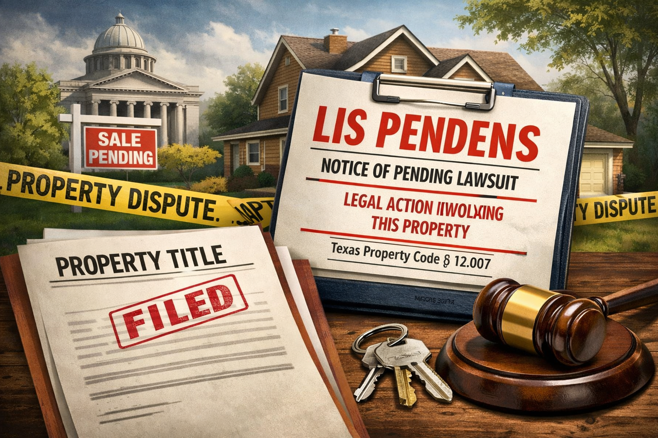 Illustration of Texas property records showing a lis pendens notice attached to a home title