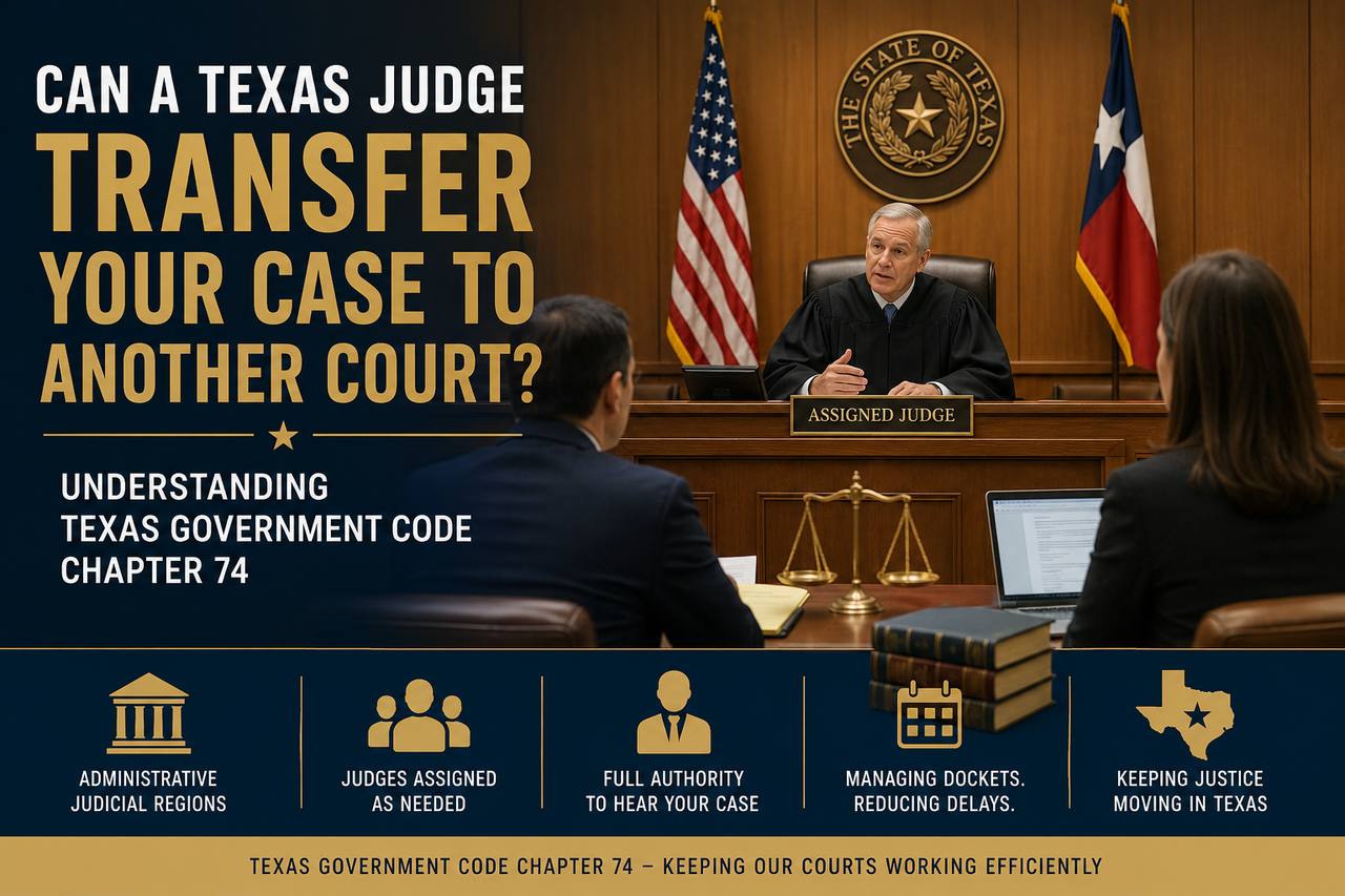 Texas courtroom with an assigned judge hearing a civil case, illustrating judicial assignments and court administration under Texas Government Code Chapter 74.