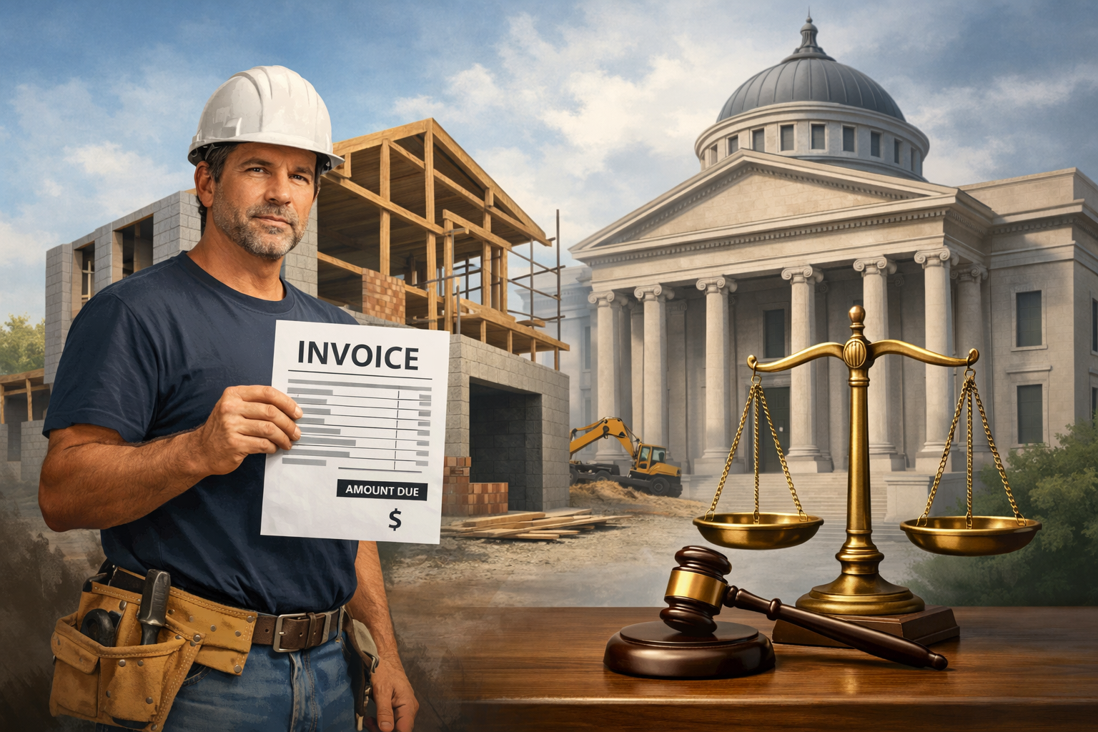 Illustration of a contractor standing beside a partially completed building while holding an invoice, with a courthouse and scales of justice in the background, symbolizing a quantum meruit claim for payment when services were performed without a formal contract under Texas law.