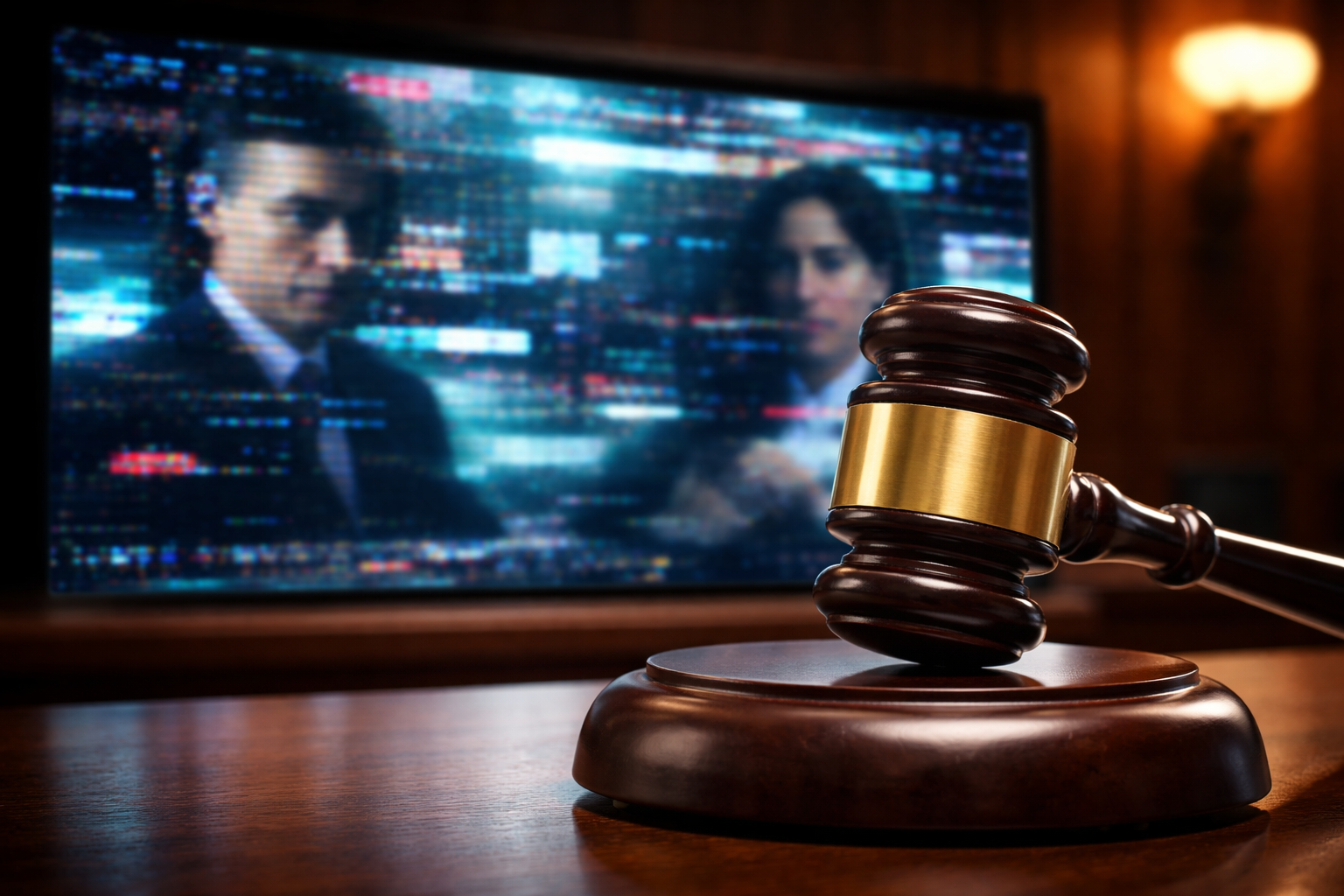 Close-up image of a courtroom gavel in front of a blurred digital screen showing distorted video footage, representing fake AI deepfakes and manipulated evidence in Texas courts.