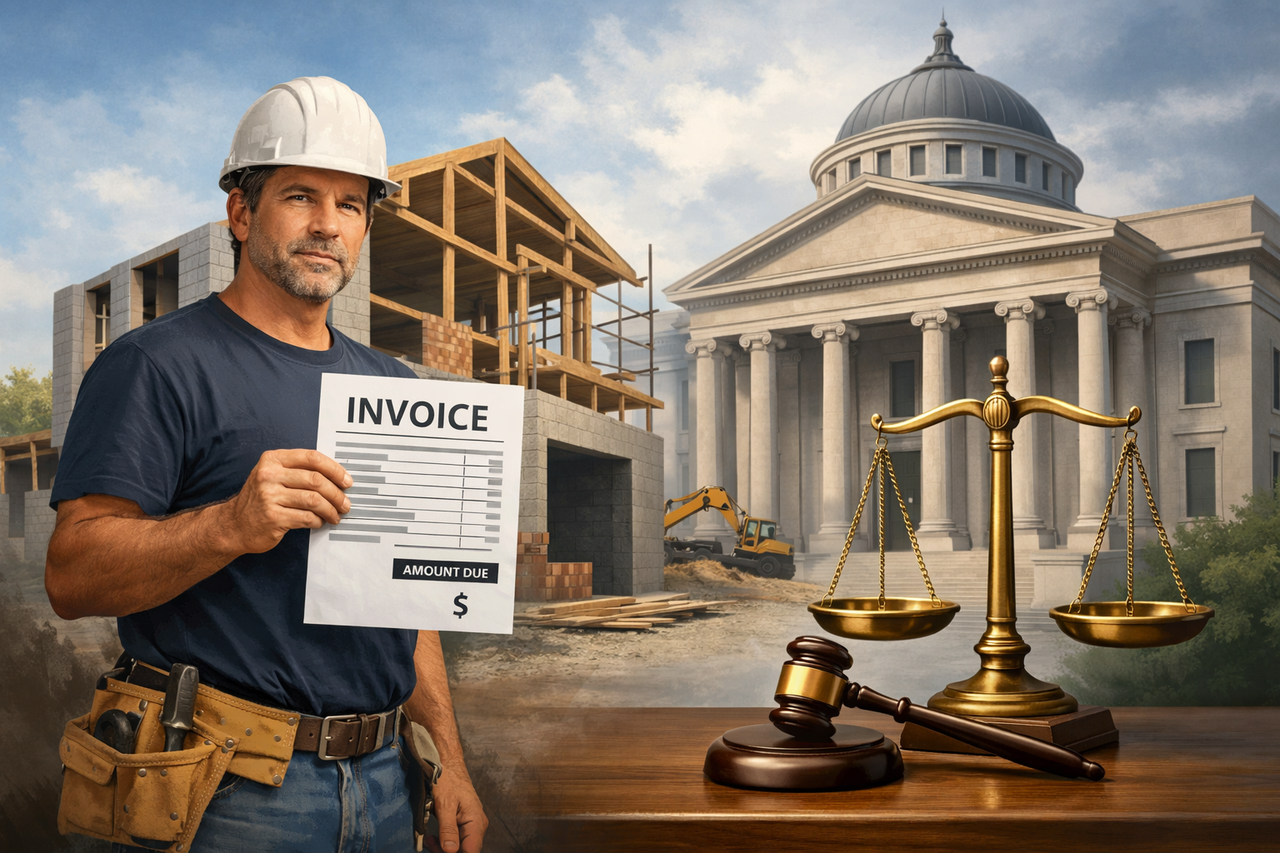 Illustration of a contractor standing beside a partially completed building while holding an invoice, with a courthouse and scales of justice in the background, symbolizing a quantum meruit claim for payment when services were performed without a formal contract under Texas law.
