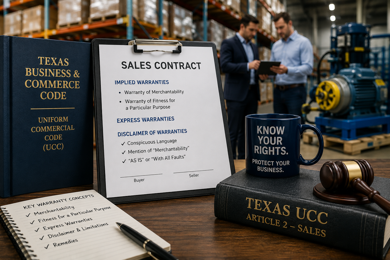 Texas business attorney concept showing a commercial sales contract, Texas Business & Commerce Code materials, warehouse equipment, and legal documents representing implied warranties, express warranties, UCC Article 2, business contracts, and commercial litigation in Texas.