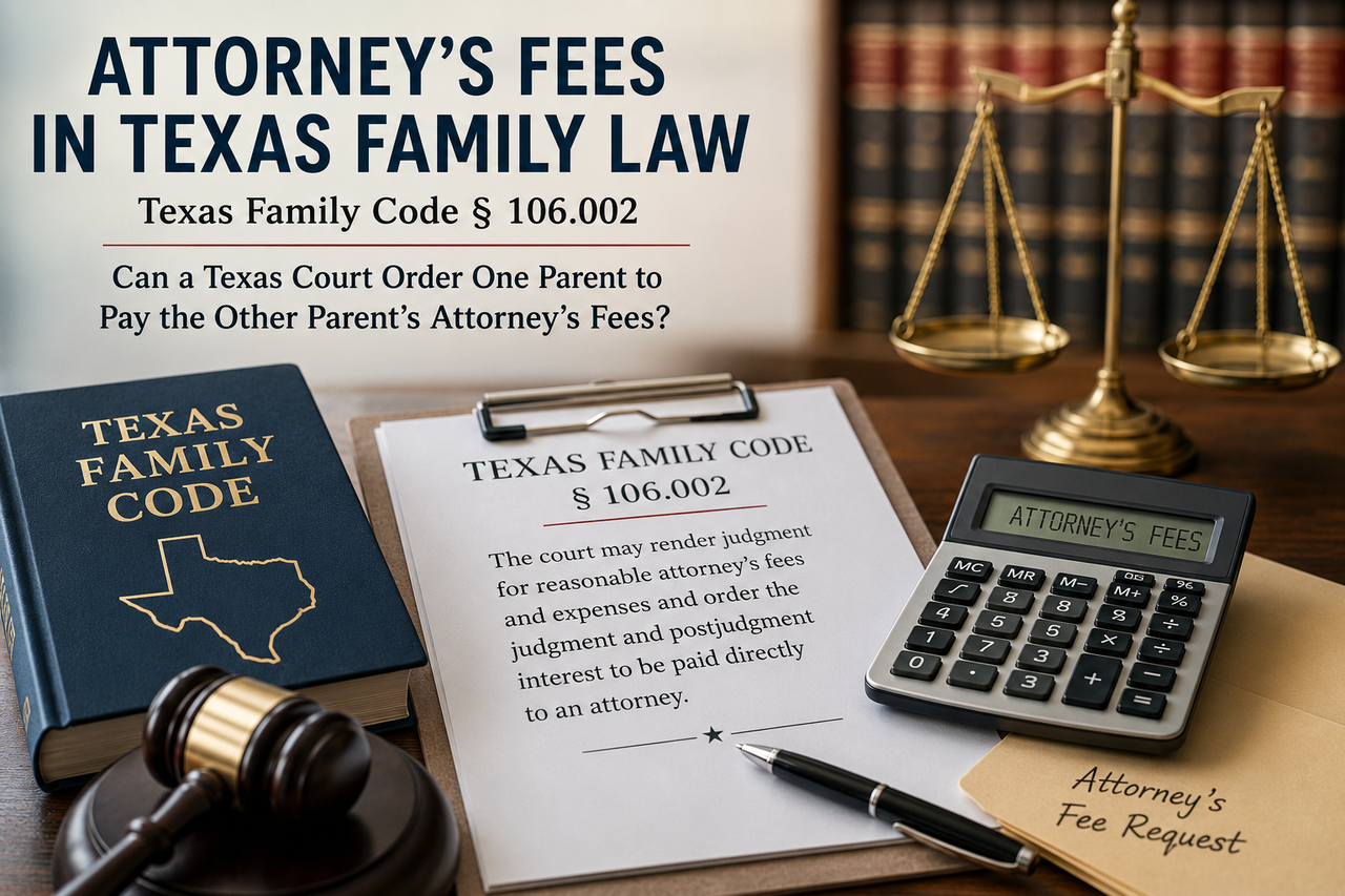 Professional legal illustration depicting attorney's fees in Texas family law under Texas Family Code § 106.002. The image features a Texas Family Code book, a gavel, scales of justice, legal documents, a calculator, and an attorney's fee request on a law office desk, symbolizing how Texas courts determine reasonable attorney's fees in child custody, child support, and other family law cases.