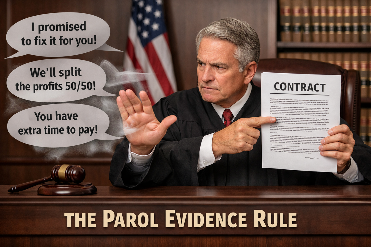 Judge pointing to a written contract while rejecting spoken promises, illustrating the Parol Evidence Rule in Texas contract law.