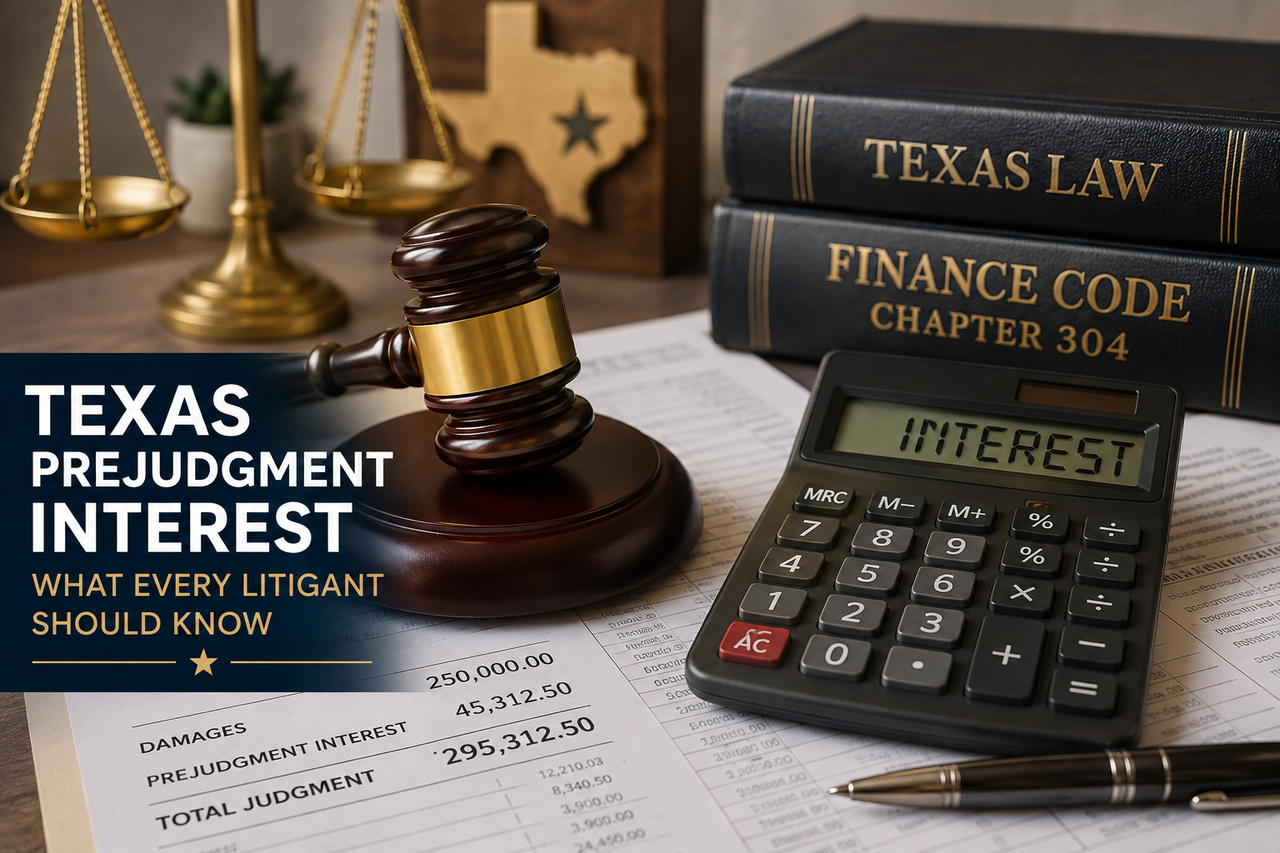 Legal illustration of prejudgment interest in Texas showing a courtroom gavel, calculator, judgment documents, and Texas law books for a civil litigation article.