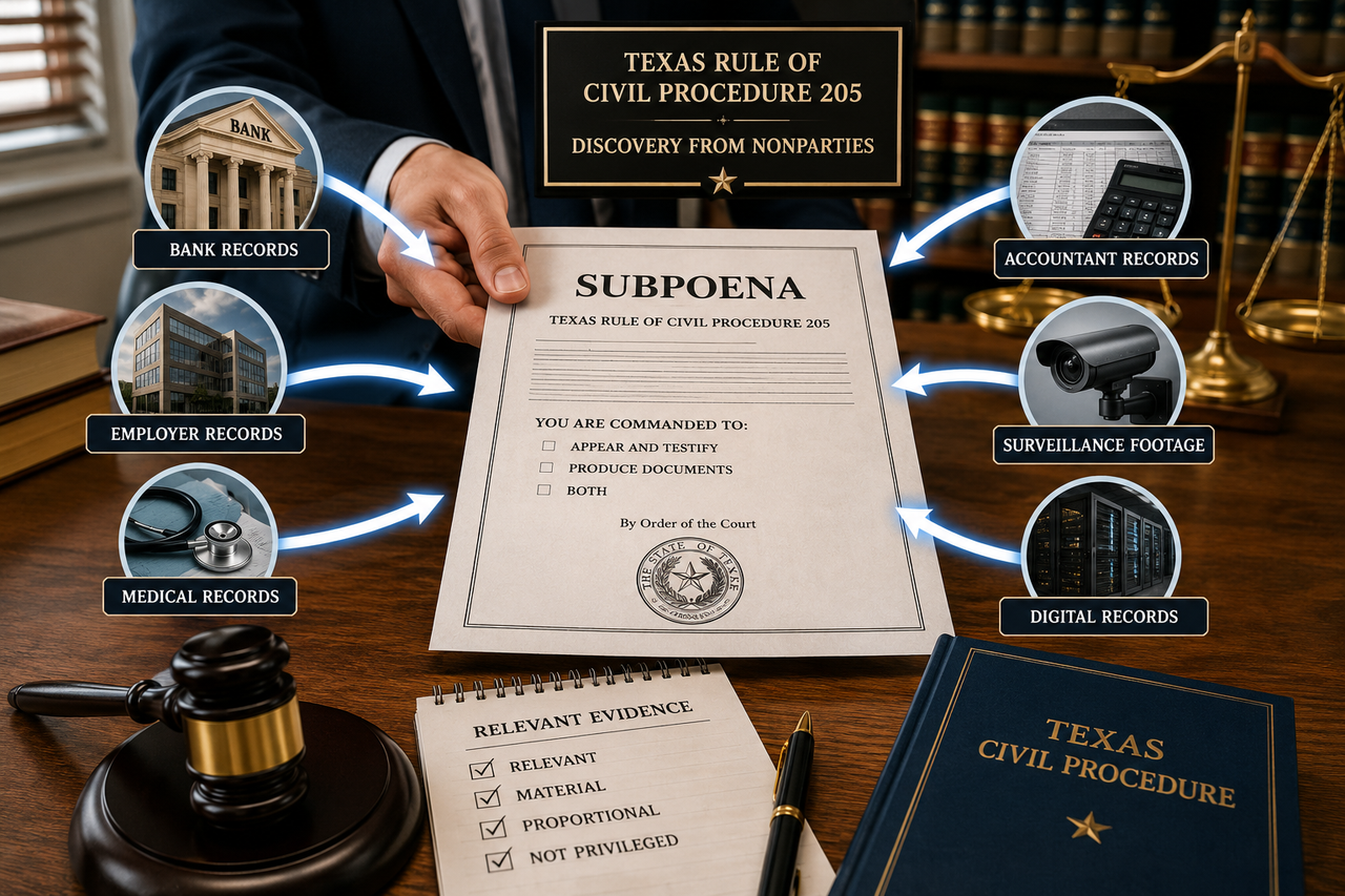 Texas Rule 205 nonparty discovery in Texas litigation showing a subpoena used to obtain bank records, employment records, medical records, surveillance footage, accountant files, and digital evidence from third parties under Texas civil procedure.
