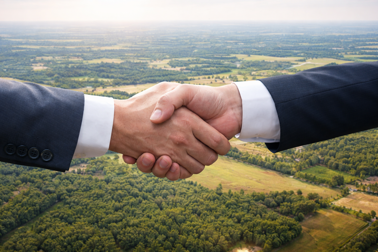 Business partners shaking hands over Texas farmland after renegotiating a commercial real estate loan