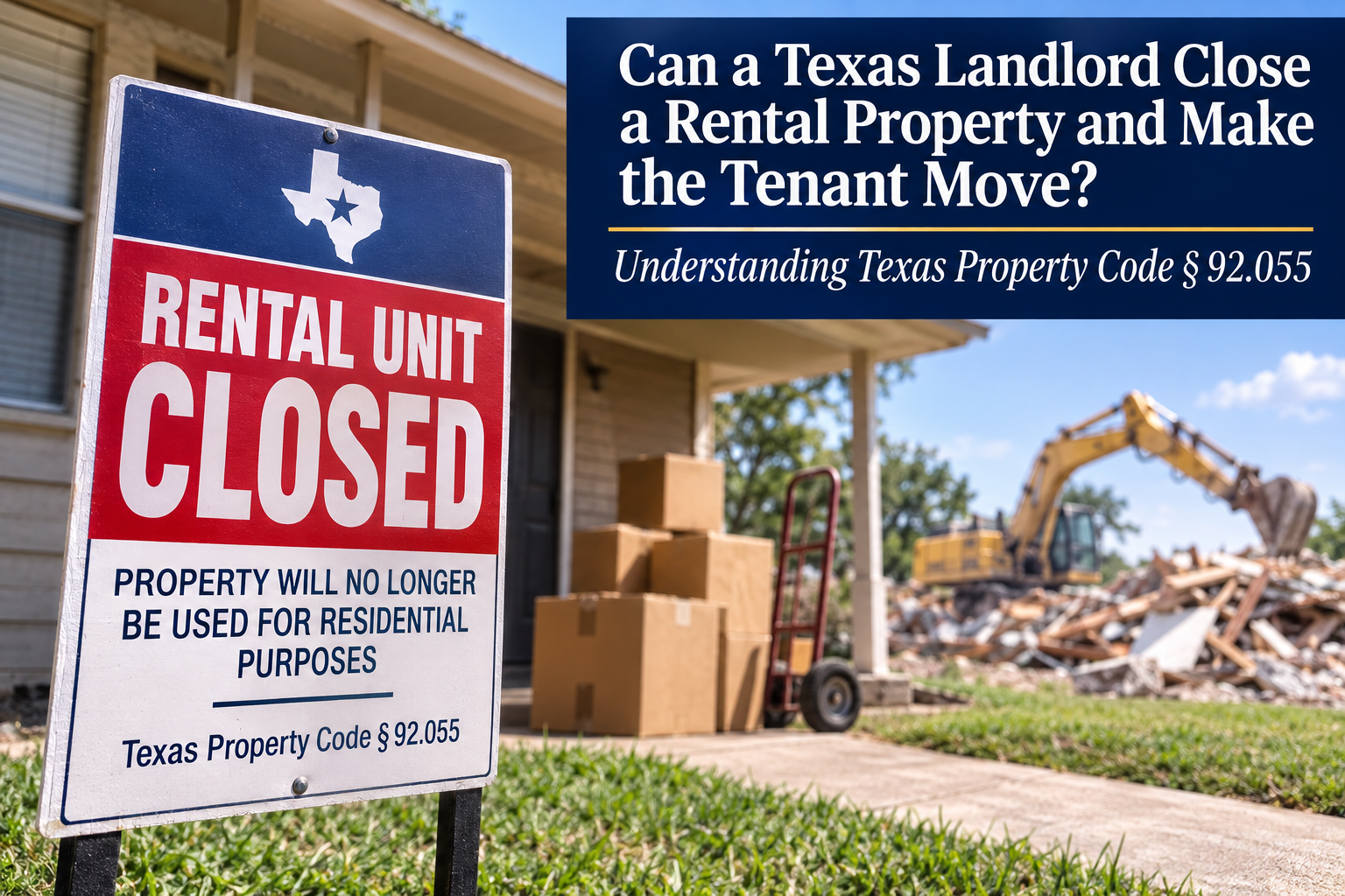 Texas rental unit closed for demolition under Texas Property Code § 92.055, with moving boxes and a landlord closure notice.