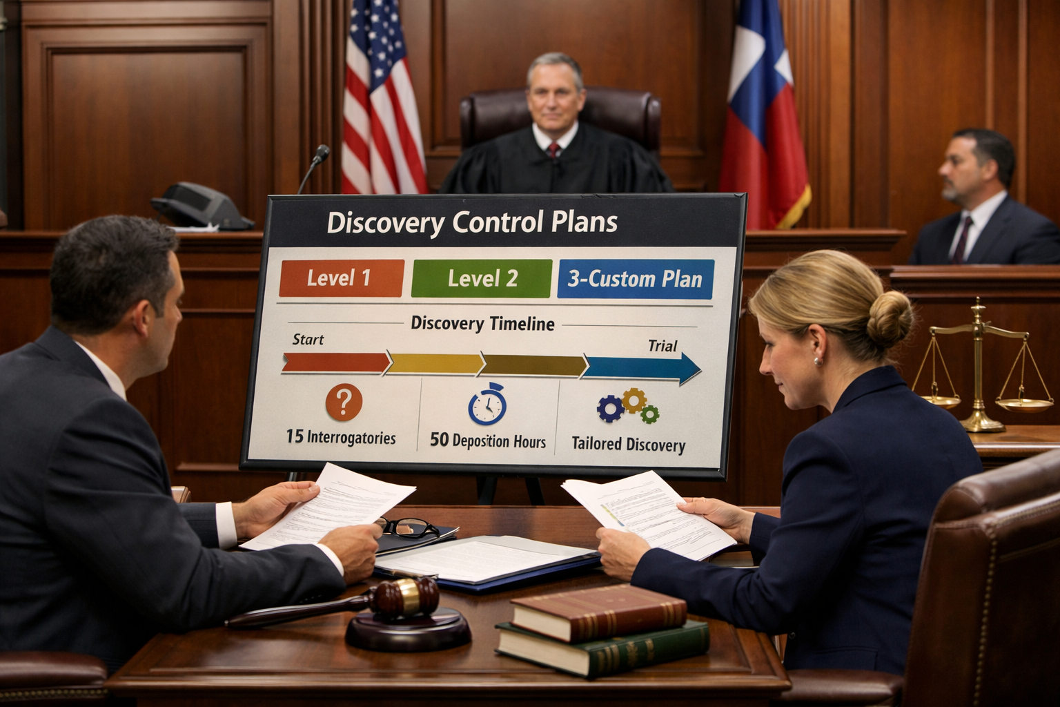 A courtroom scene with attorneys reviewing documents and timelines, symbolizing structured discovery planning under Texas procedural law.