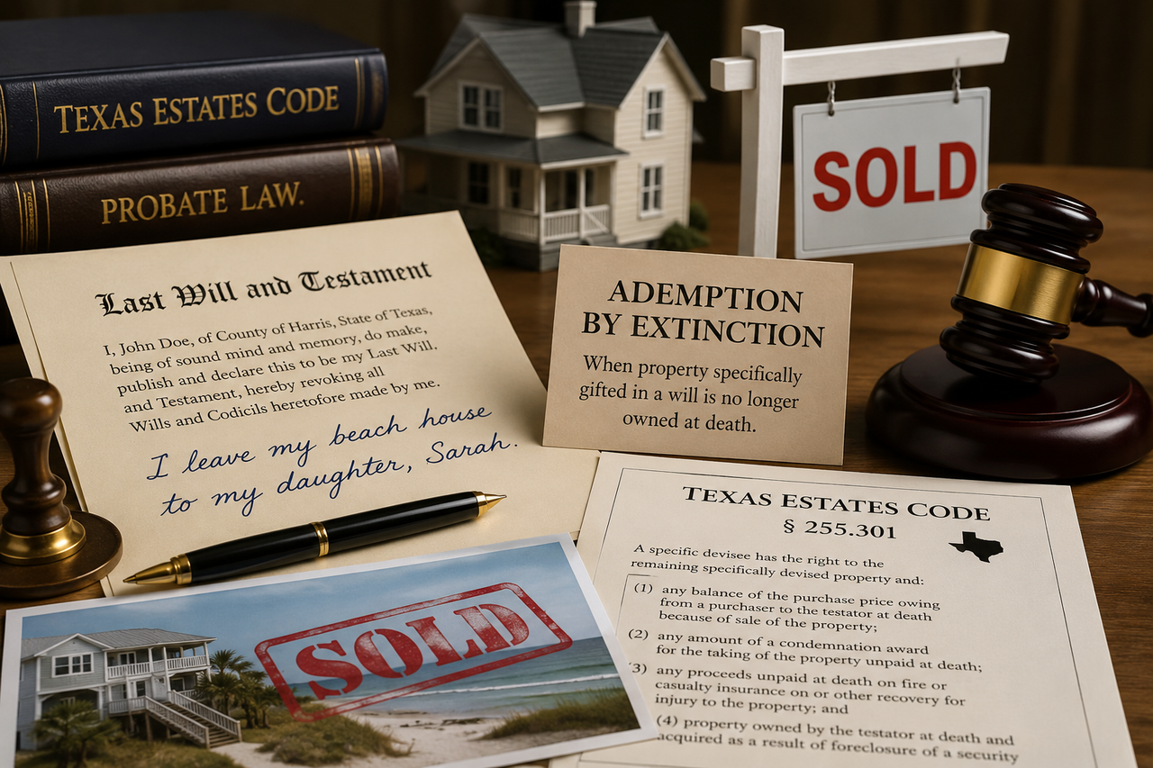 Texas probate law illustration depicting ademption by extinction, with a will leaving real property to a beneficiary, a sold beach house, Texas Estates Code § 255.301, legal books, and a gavel symbolizing inheritance disputes and estate administration.