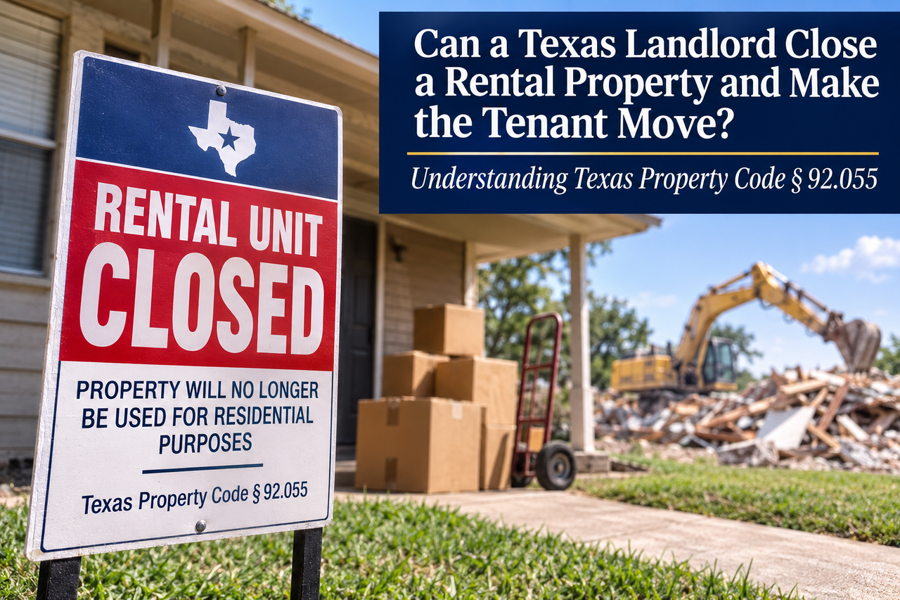 Texas rental unit closed for demolition under Texas Property Code § 92.055, with moving boxes and a landlord closure notice.