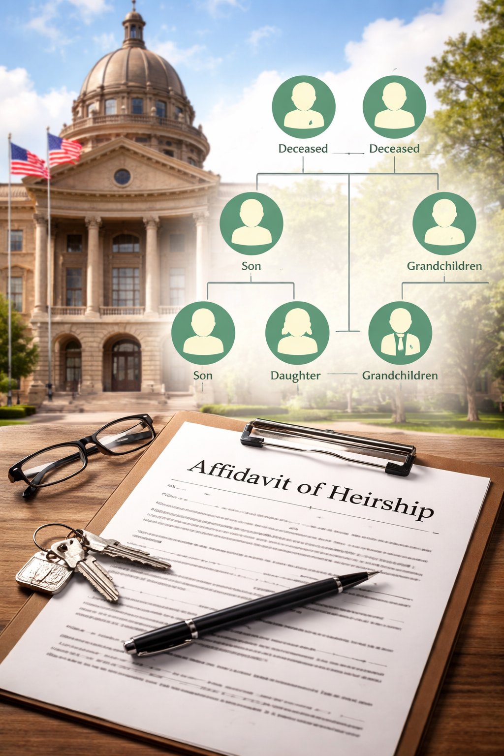 Texas courthouse with an affidavit of heirship document, house keys, and a family tree diagram illustrating inheritance and heirship under Texas probate law.