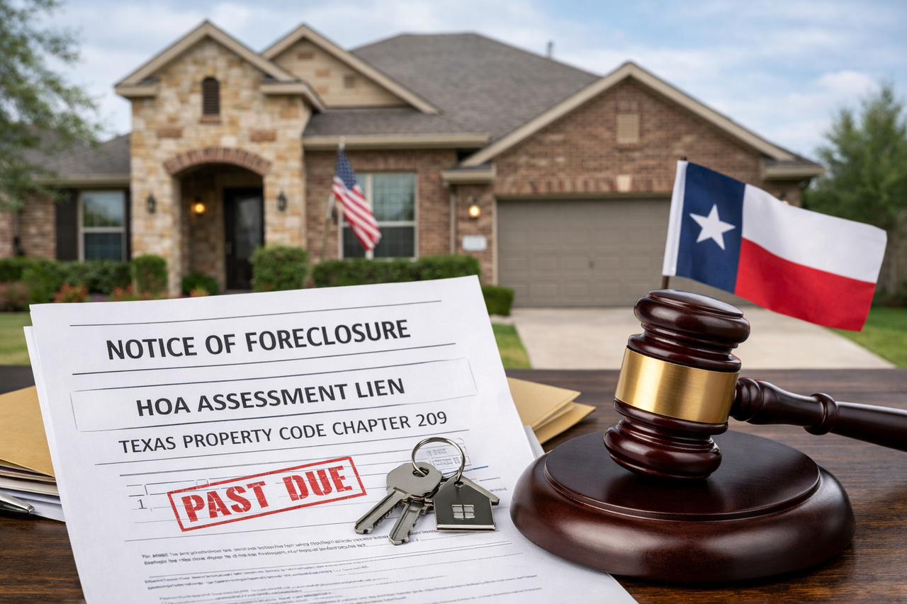 Texas suburban home with legal foreclosure documents and a gavel representing HOA assessment lien enforcement under Texas Property Code Chapter 209.