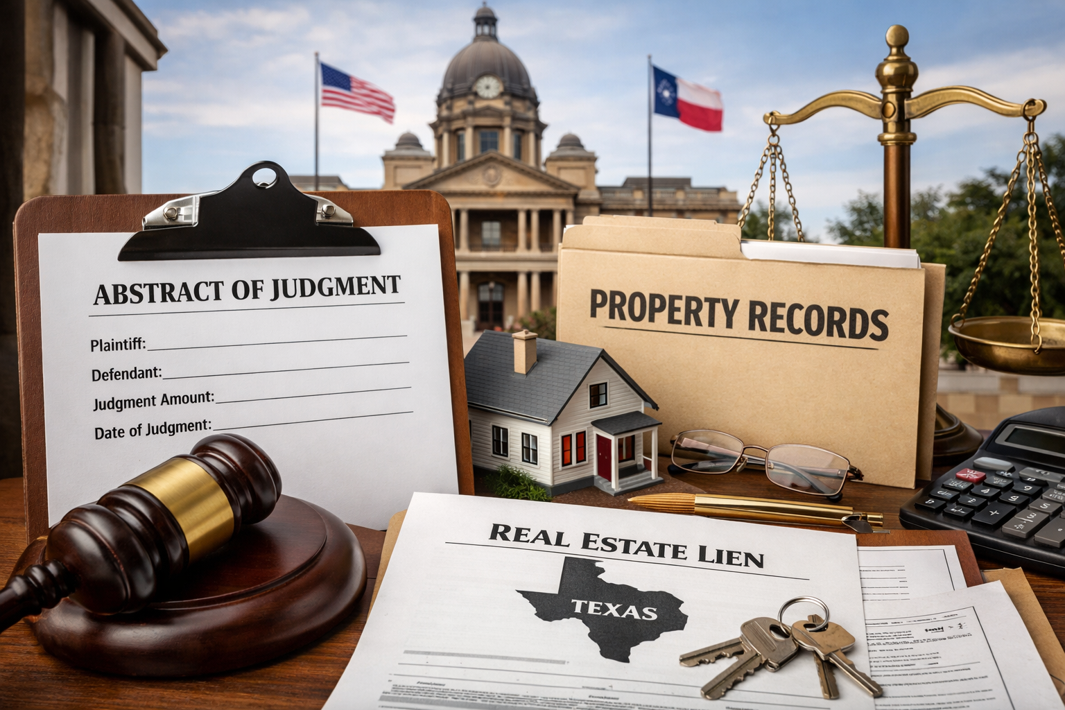 Texas courthouse and property records office illustrating how an abstract of judgment creates a lien on real estate under Texas law.