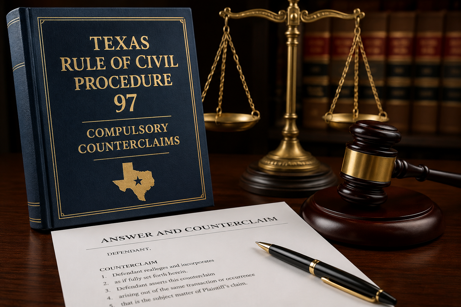 Texas Rule 97 compulsory counterclaims legal concept featuring a Texas civil procedure law book, answer and counterclaim pleading, judge's gavel, and scales of justice.