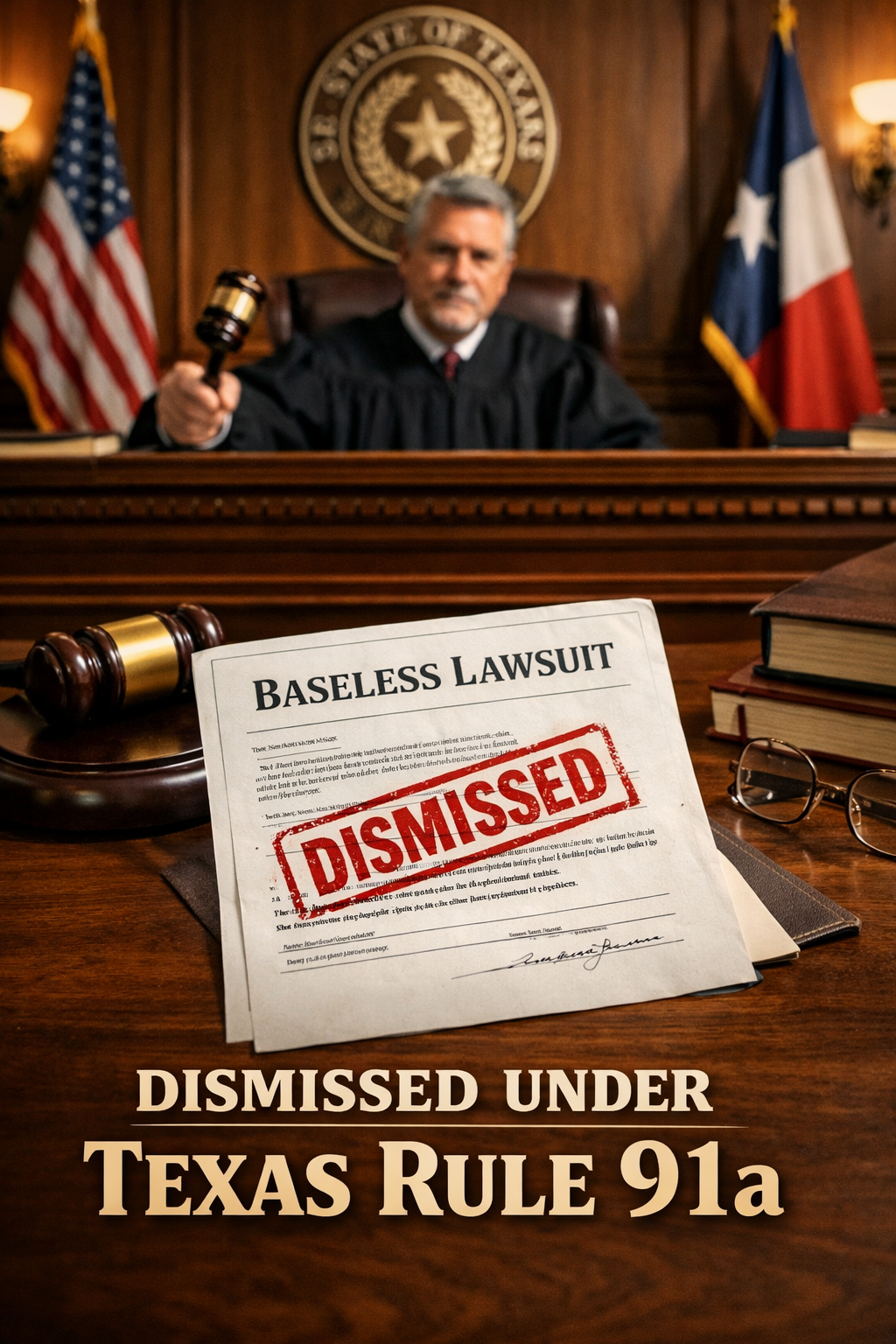 Texas courtroom scene with a judge striking a claim from a legal petition symbolizing dismissal of a baseless lawsuit under Rule 91a of the Texas Rules of Civil Procedure.