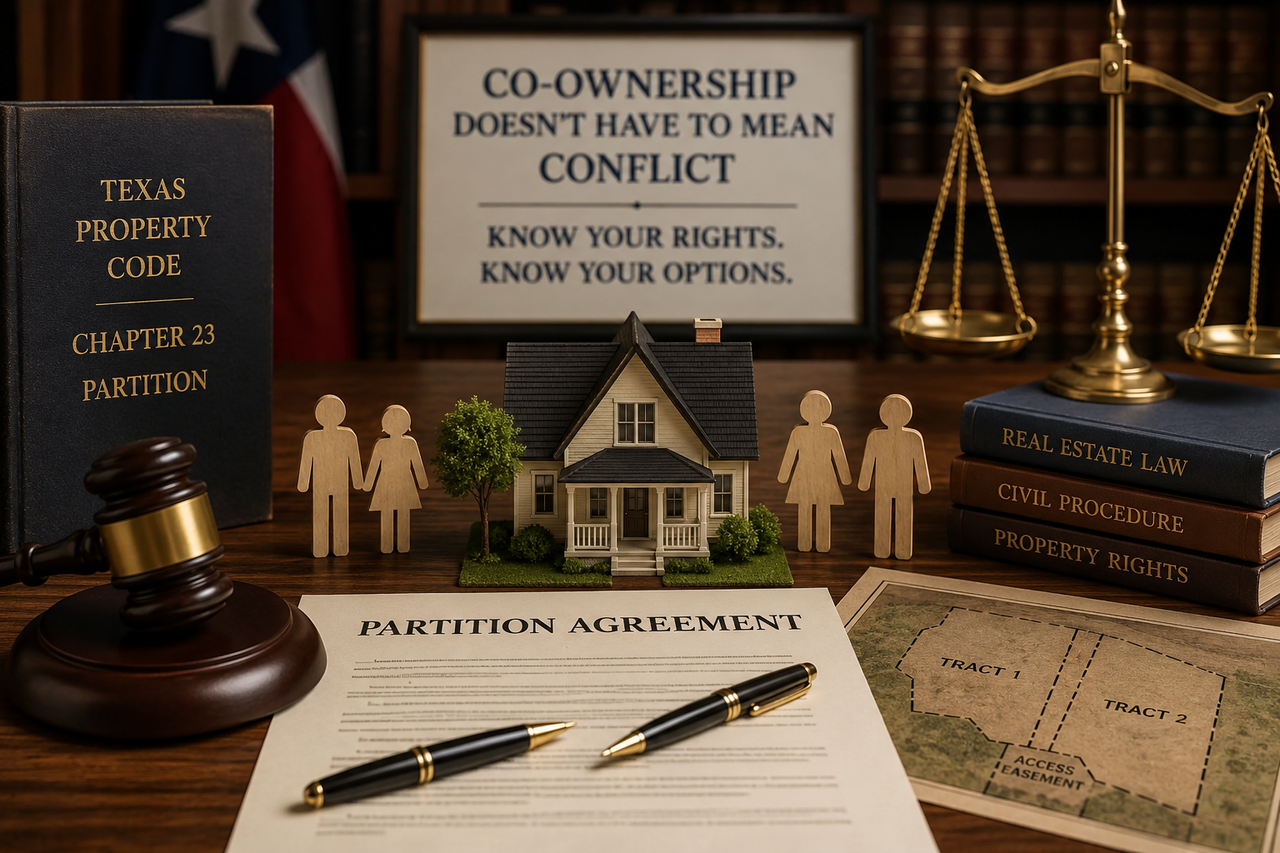 Texas real estate partition agreement with legal documents, house model, survey map, and courthouse symbols illustrating co-owner property disputes, partition lawsuits, and property division under Texas Property Code Chapter 23.