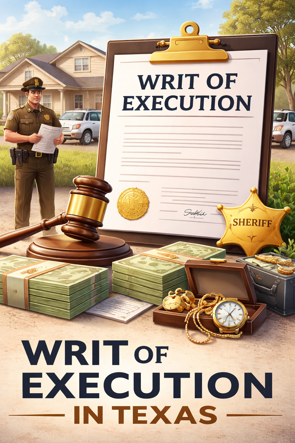 Illustration of a Texas writ of execution showing a court document labeled “Writ of Execution,” a judge’s gavel, stacks of cash, and seized valuables while a sheriff serves the writ outside a suburban home—representing the legal process of enforcing a judgment and seizing non-exempt property under Texas law.