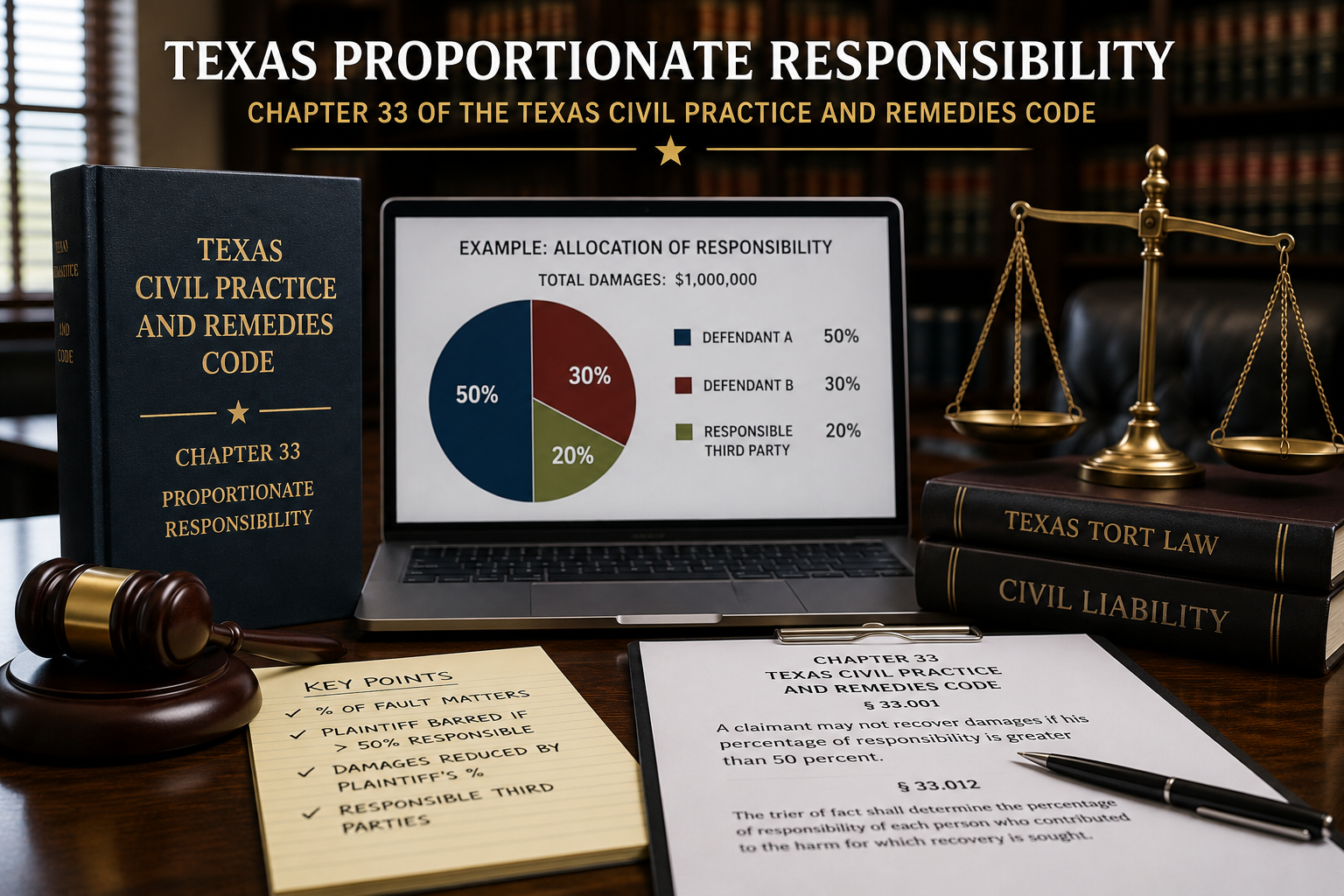 Attorney reviewing litigation materials and percentage-of-fault calculations in a Texas law office, illustrating comparative responsibility, responsible third parties, and Chapter 33 of the Texas Civil Practice and Remedies Code in a multi-party civil lawsuit.