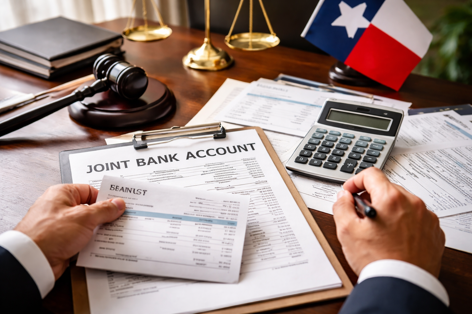 Attorney reviewing joint bank account statements and financial records during a Texas divorce consultation, illustrating marital property and community funds disputes under Texas family law.