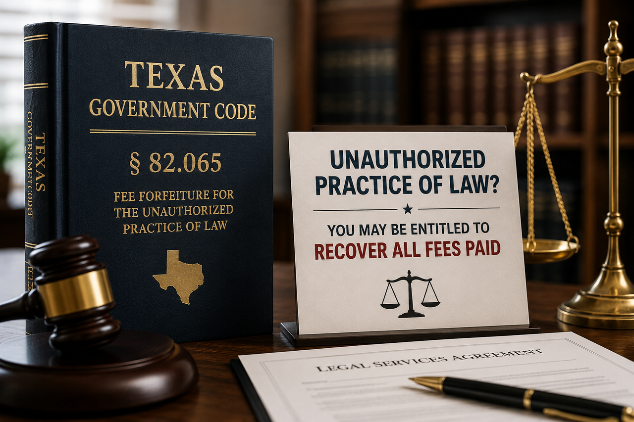 Realistic legal office scene with Texas Government Code § 82.065, gavel, scales of justice, and legal documents illustrating unauthorized practice of law and recovery of attorney fees under Texas law.