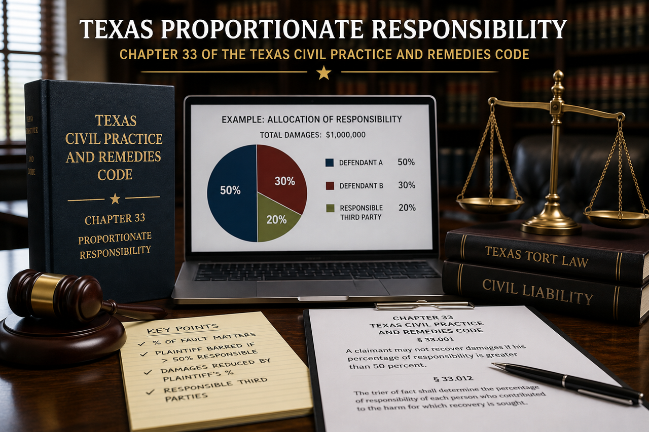 Attorney reviewing litigation materials and percentage-of-fault calculations in a Texas law office, illustrating comparative responsibility, responsible third parties, and Chapter 33 of the Texas Civil Practice and Remedies Code in a multi-party civil lawsuit.