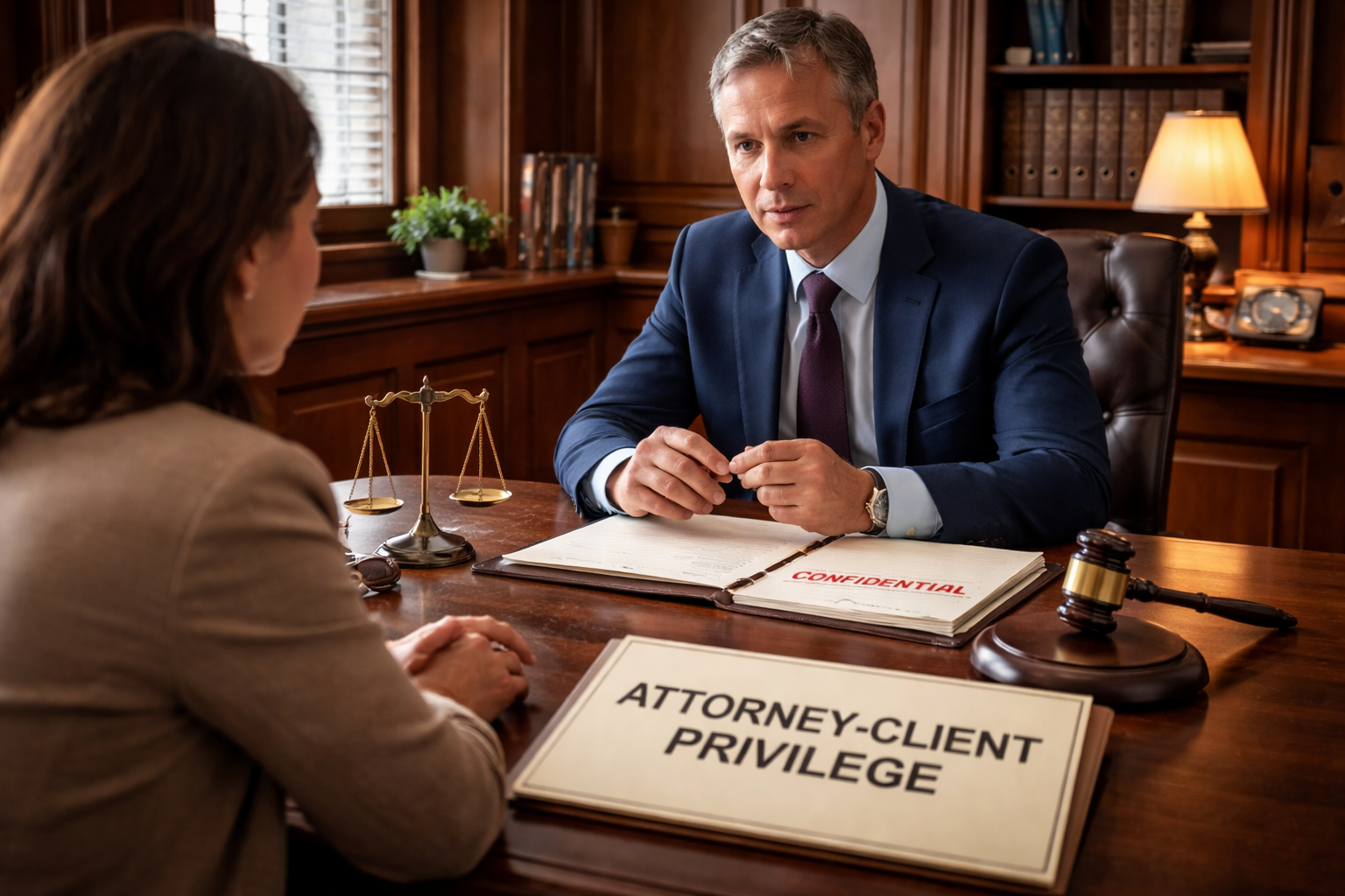 Interior of a Texas courtroom with empty benches and a judge’s bench symbolizing attorney–client privilege and confidential legal communications under Texas law.