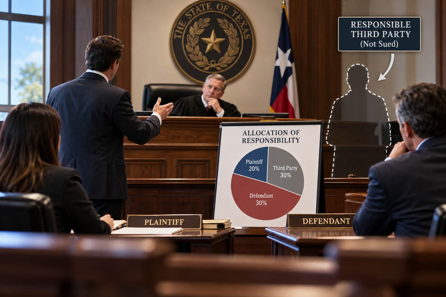 Texas courtroom illustration showing a judge, plaintiff, defendant, and an unidentified responsible third party, with a chart depicting the allocation of fault under Texas Civil Practice and Remedies Code § 33.004.