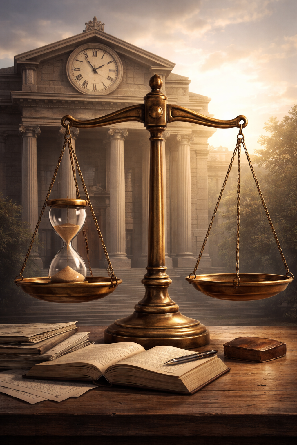Illustration of a courthouse clock towering over a set of legal scales, symbolizing how delays in asserting legal rights can affect justice under the doctrine of laches in Texas law.