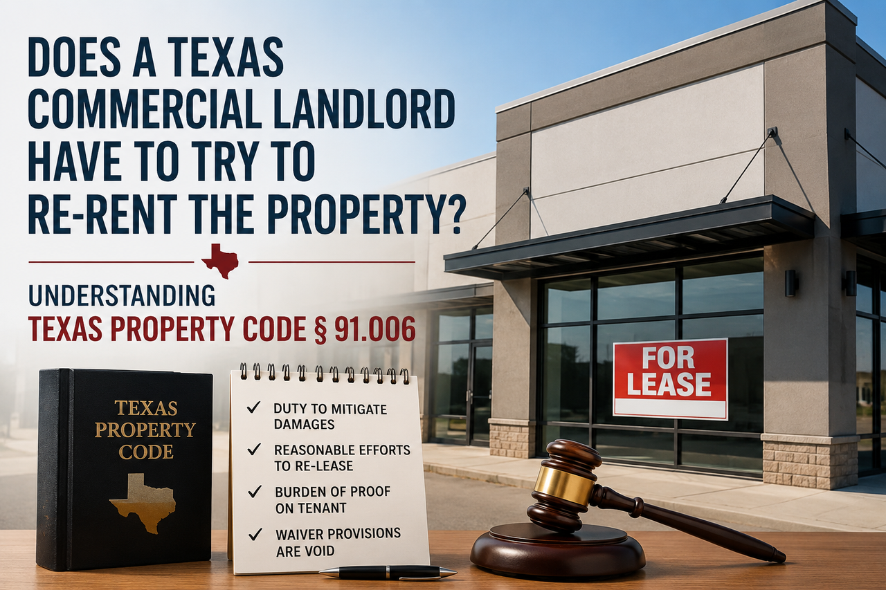 Modern commercial office building with a prominent "For Lease" sign illustrating Texas commercial leasing law. A Texas Property Code book, legal gavel, and checklist highlighting a landlord's duty to mitigate damages under Texas Property Code § 91.006 are displayed in the foreground, symbolizing commercial landlord-tenant litigation and lease disputes in Texas.