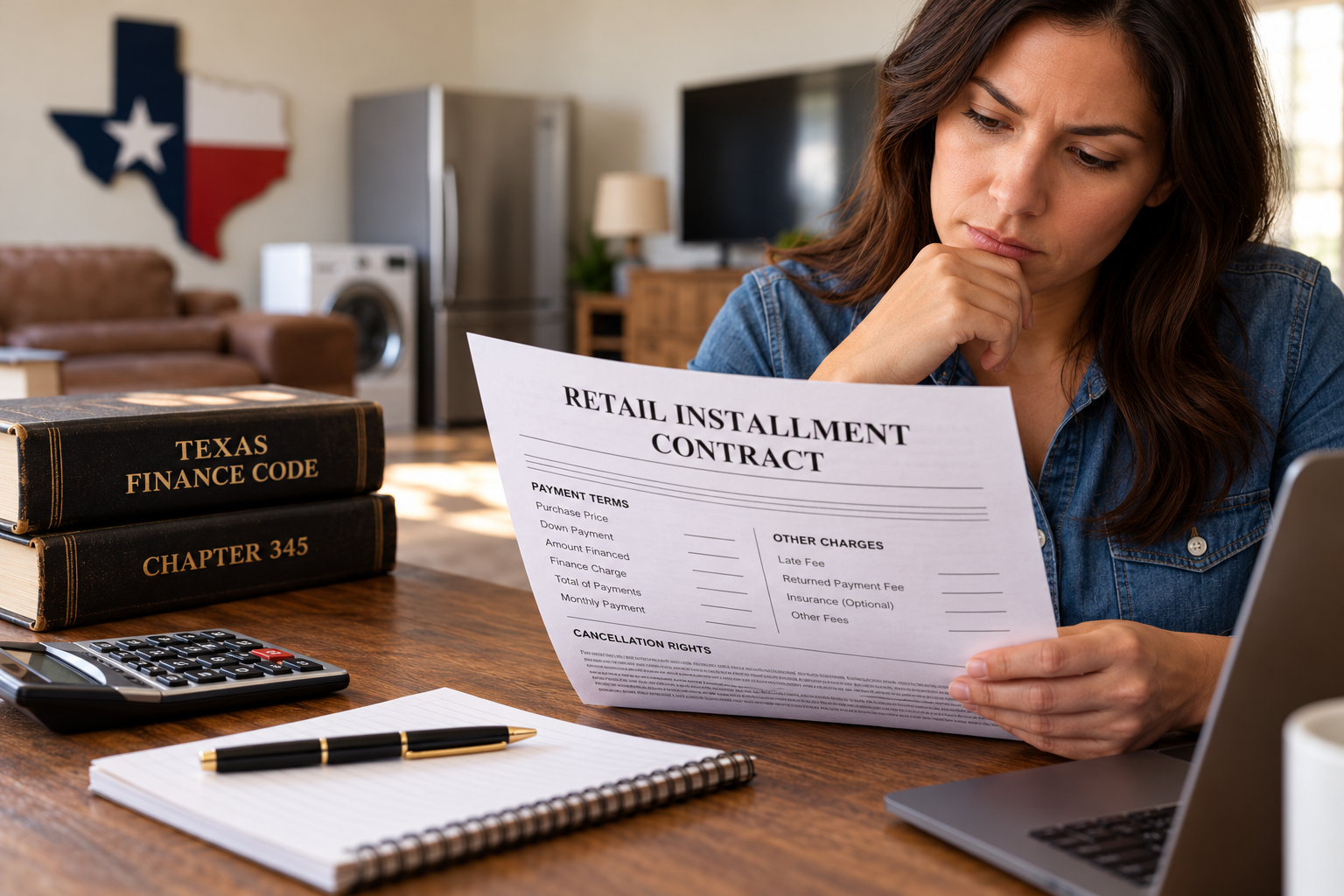 Texas consumer reviewing a retail installment contract alongside the Texas Finance Code Chapter 345, illustrating financing charges, payment terms, cancellation rights, and consumer protections under Texas law.
