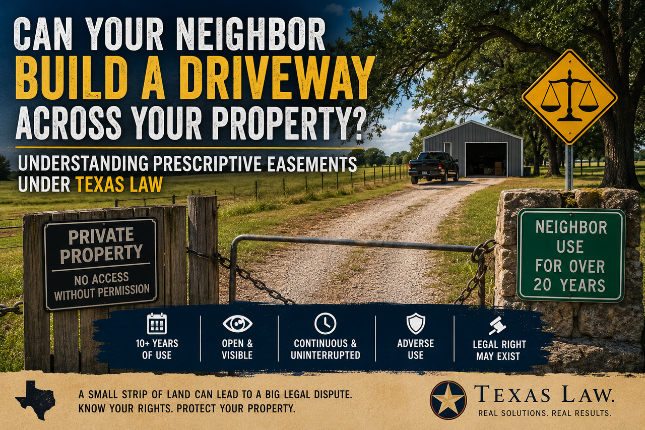 A rural Texas gravel driveway stretches through fenced pastureland toward a metal barn, with a closed gate and a prominent "Private Property – No Access Without Permission" sign in the foreground. Across the entrance, a second sign references long-term neighbor use, illustrating the legal concept of prescriptive easements. Large headline text reads, "Can Your Neighbor Build a Driveway Across Your Property? Understanding Prescriptive Easements Under Texas Law."