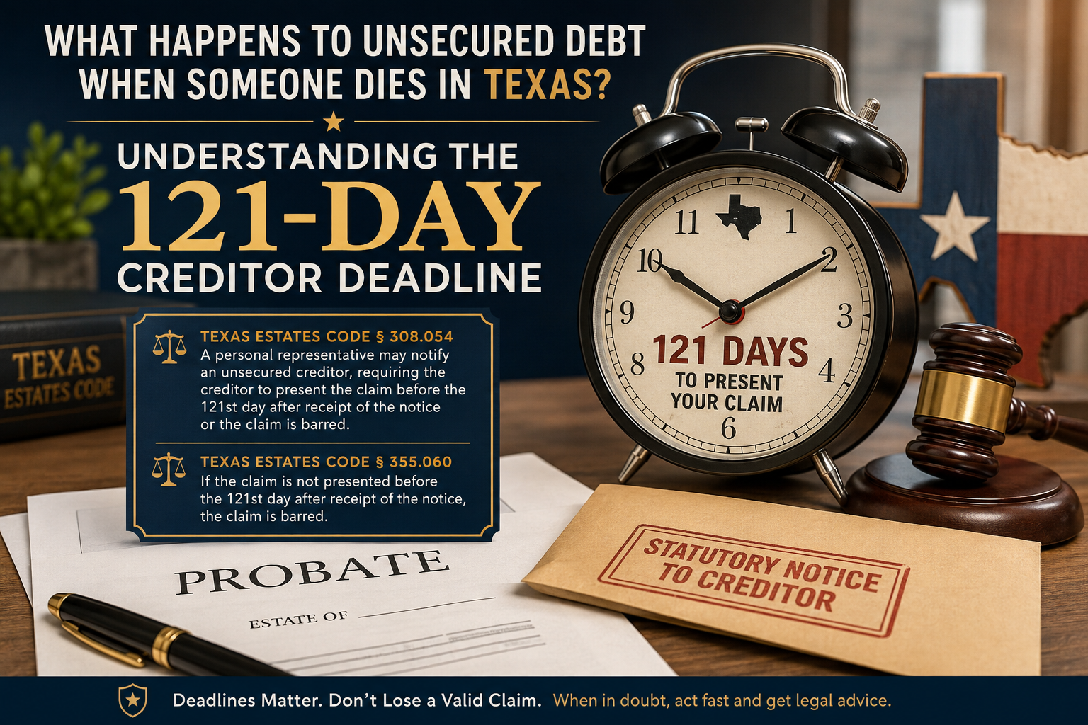 Texas probate law graphic featuring a 121-day deadline clock, gavel, probate documents, and statutory creditor notice, explaining the deadline for unsecured creditors to present claims under Texas Estates Code §§ 308.054 and 355.060.