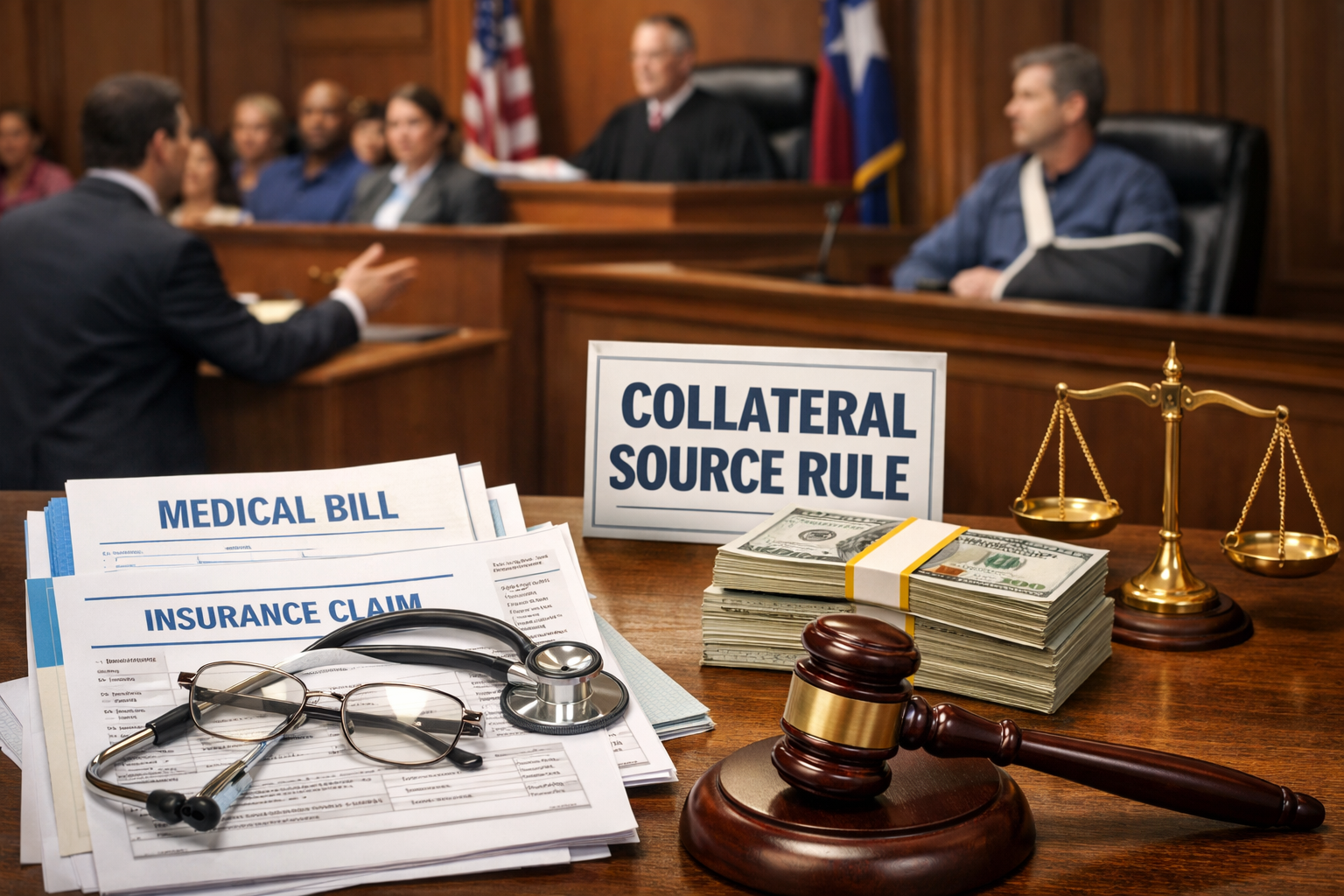 Courtroom scene with legal professionals reviewing medical bills and insurance documents, representing litigation over damages and the collateral source rule in Texas.