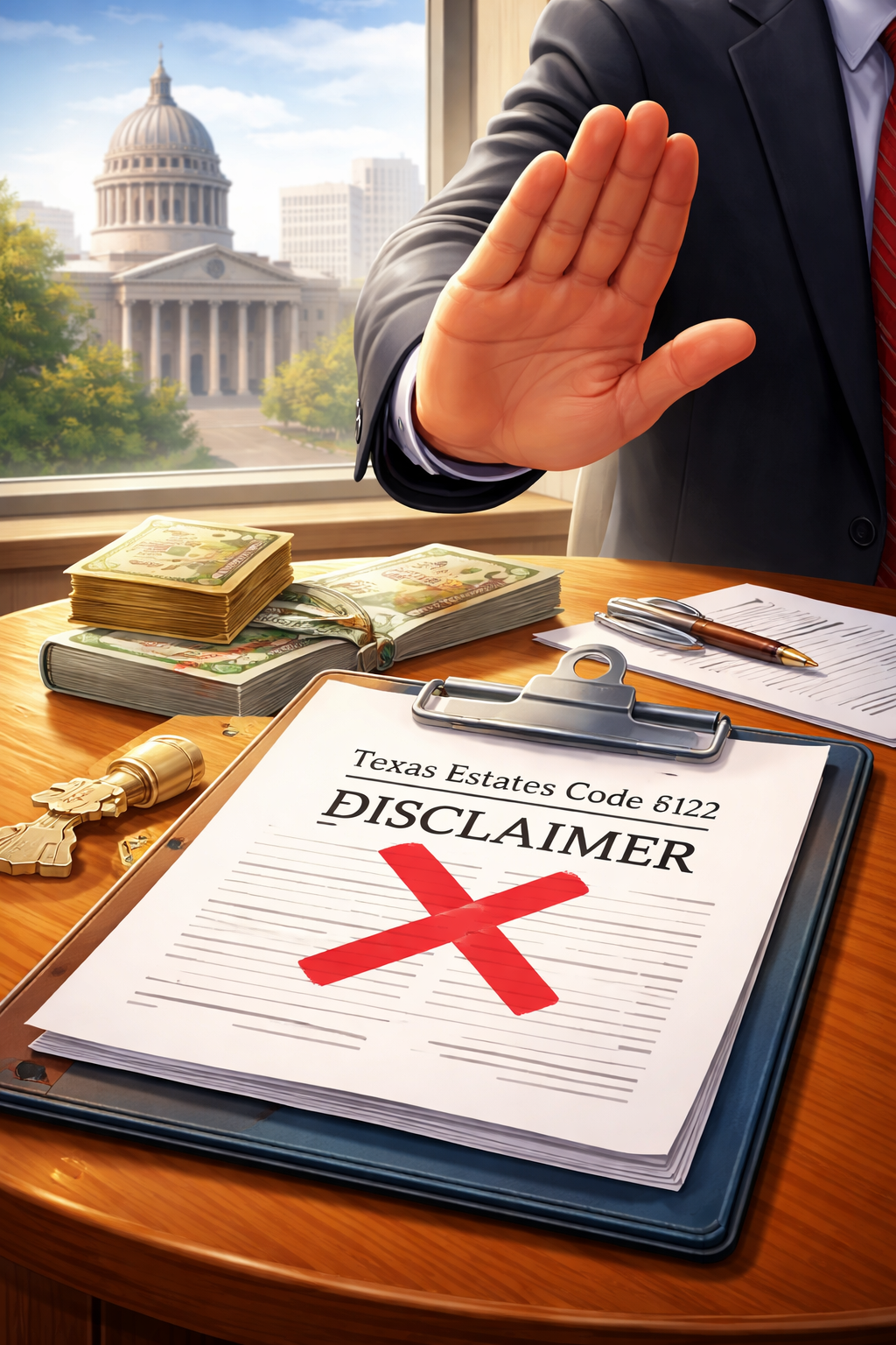 Illustration of a person formally rejecting a stack of inheritance documents labeled “Texas Estates Code §122 Disclaimer,” with a courthouse silhouette in the background, symbolizing the legal refusal of inherited property under Texas probate law.