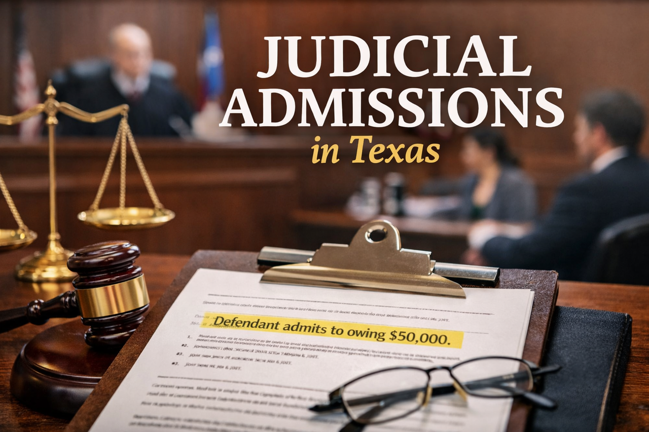 Courtroom scene with legal pleadings and highlighted admission statement illustrating the concept of judicial admissions in Texas civil litigation.