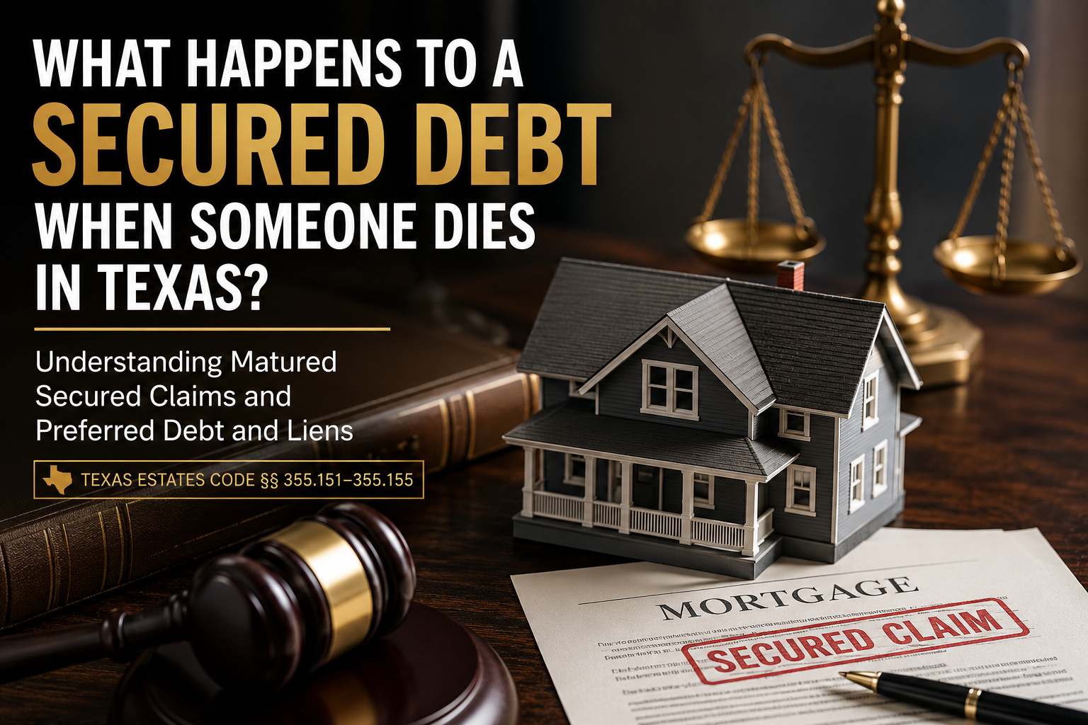 Texas probate law graphic showing a house, mortgage document stamped ‘Secured Claim,’ judge’s gavel, and scales of justice, illustrating matured secured claims and preferred debt and liens under Texas Estates Code §§ 355.151–355.155.