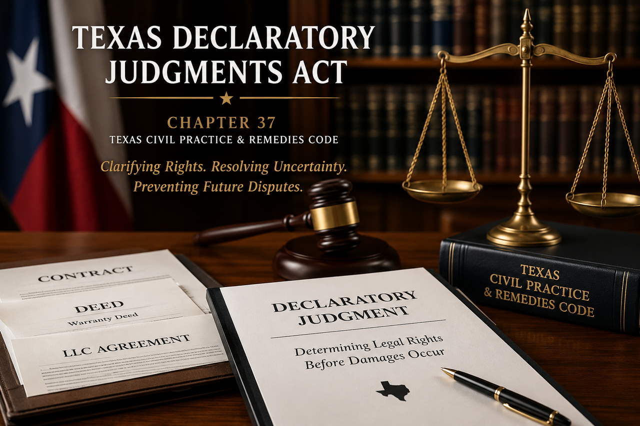 Texas Declaratory Judgments Act under Chapter 37 of the Texas Civil Practice and Remedies Code, showing legal documents, a judge's gavel, scales of justice, and contract materials illustrating declaratory judgment lawsuits involving Texas business law, real estate disputes, contracts, and civil litigation.