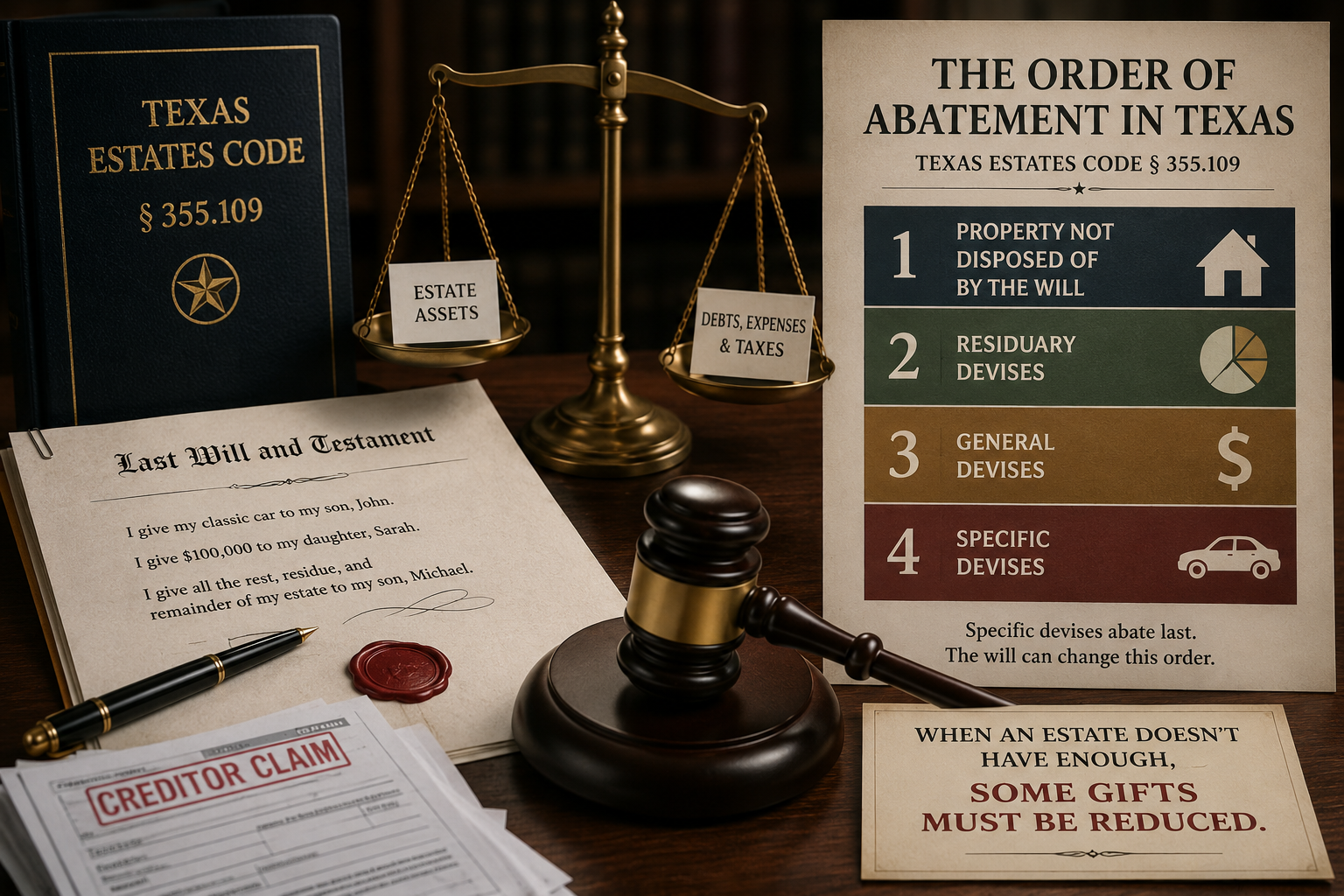 Texas probate abatement illustration showing a will, creditor claims, judge's gavel, estate assets, and the order of abatement under Texas Estates Code § 355.109.