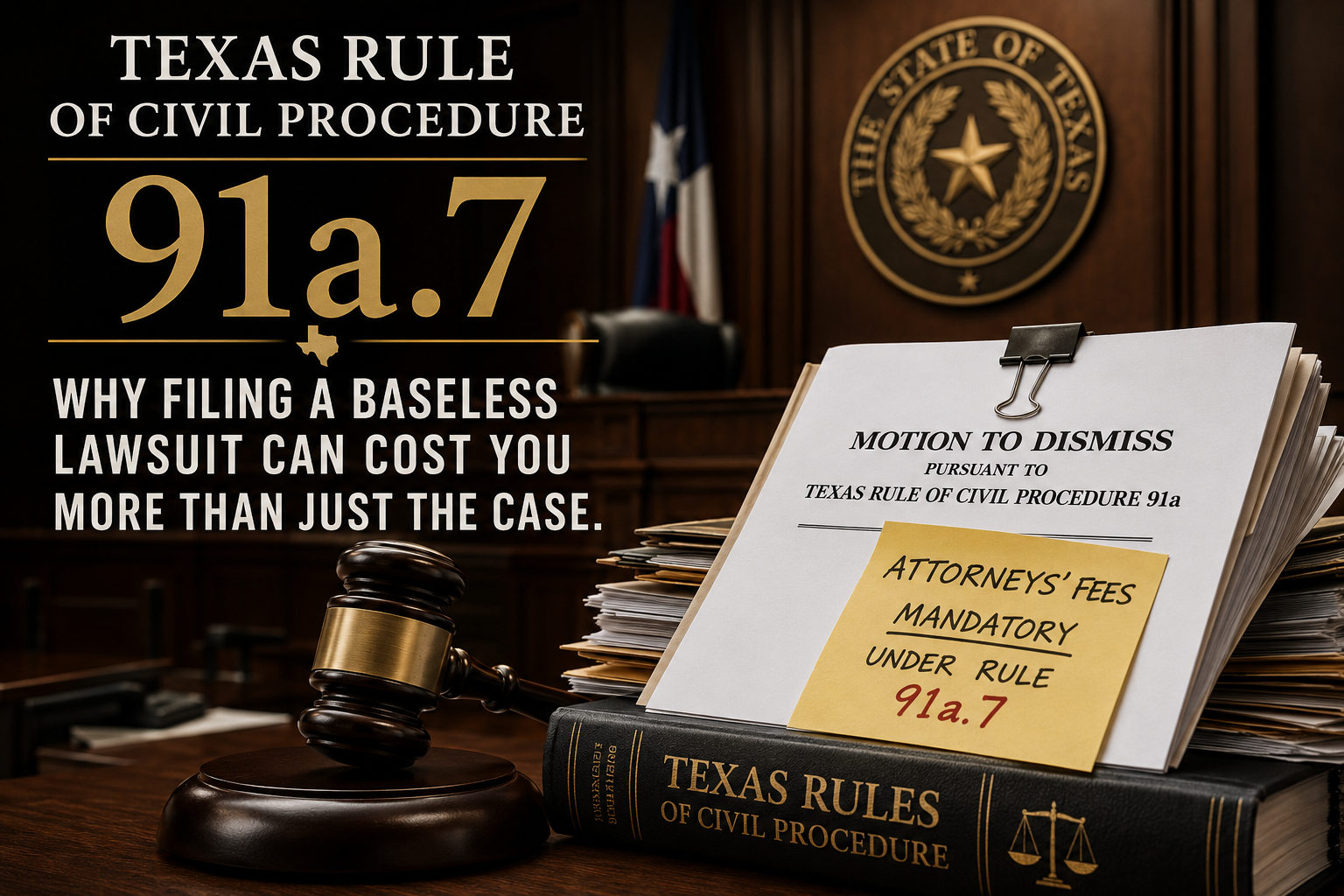 Texas Rule 91a.7 motion to dismiss and mandatory attorneys' fees in a Texas courtroom with legal documents and gavel.