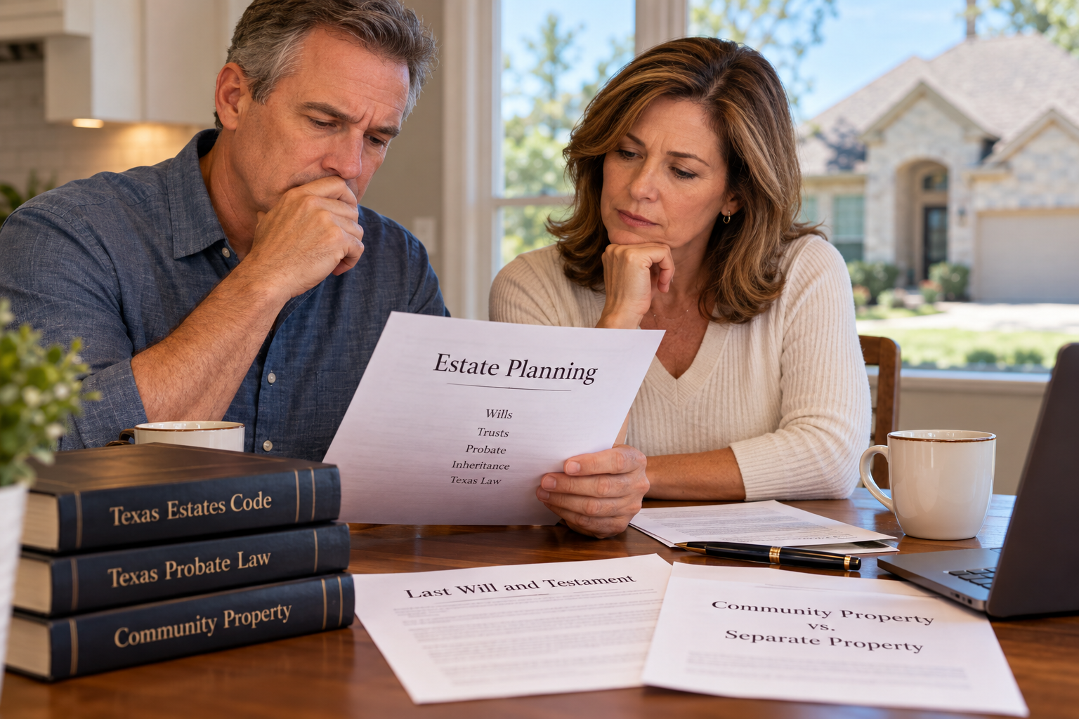 Married Texas couple reviewing estate planning documents, wills, and inheritance laws at their kitchen table, illustrating surviving spouse rights, community property, separate property, and intestate succession under the Texas Estates Code.