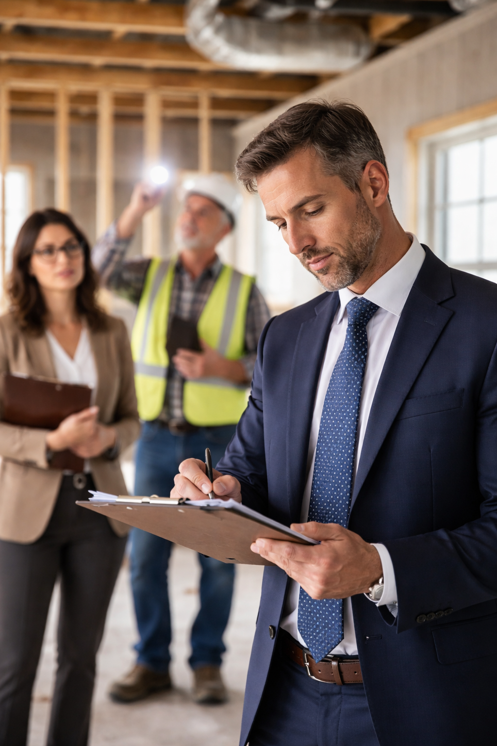 Attorney documenting property conditions during a legal inspection with a construction expert examining structural elements in a residential building under Texas litigation rules.