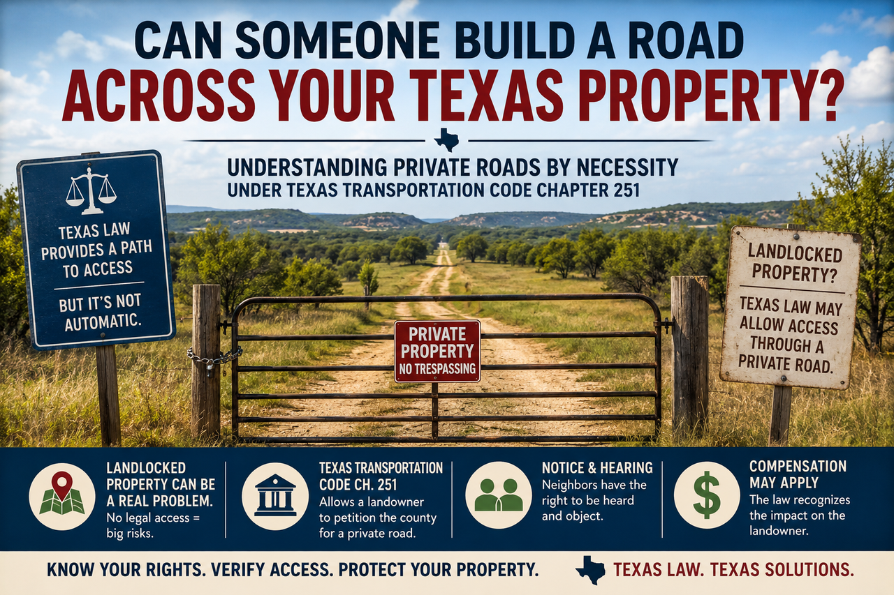 A rural Texas landscape featuring a locked metal gate across a dirt road leading through rolling ranchland beneath a bright blue sky. Large headline text asks, "Can Someone Build a Road Across Your Texas Property?" with references to private roads under Texas Transportation Code Chapter 251. Informational signs explain that landlocked property owners may seek legal access through a statutory process, that neighboring landowners have notice and hearing rights, and that compensation may apply.