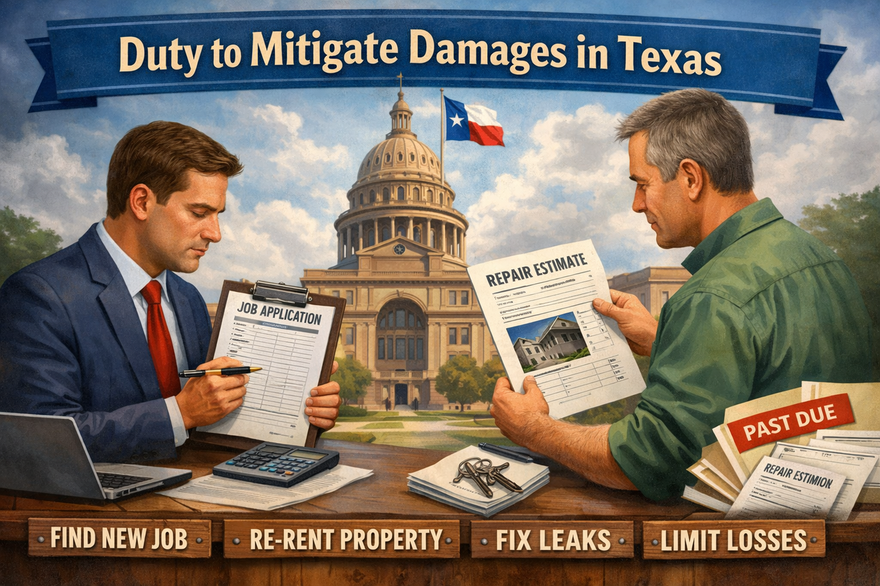 Illustration showing a Texas courthouse with a business owner and landlord reviewing repair invoices and job applications, representing the duty to mitigate damages under Texas law.